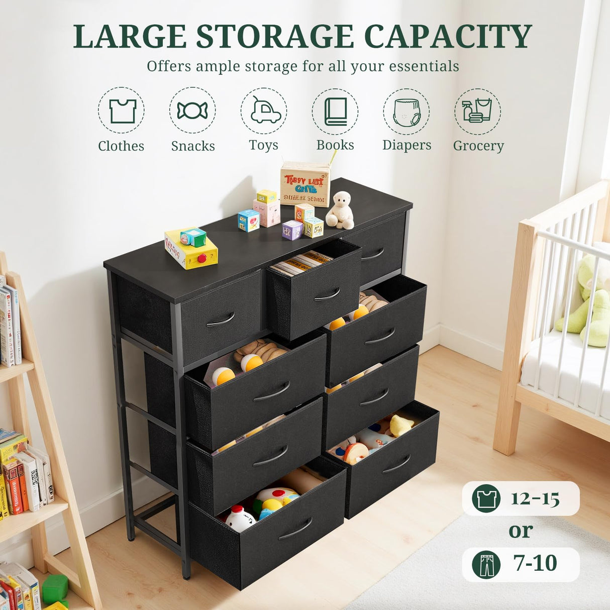 9-Drawer Dresser for Bedroom, Anti-Tip Tall Storage Organizer Chest of Drawers with Wooden Top and Metal Frame Fabric Bins for Closet, Living Room, Hallway, Entryway, Black SageNest