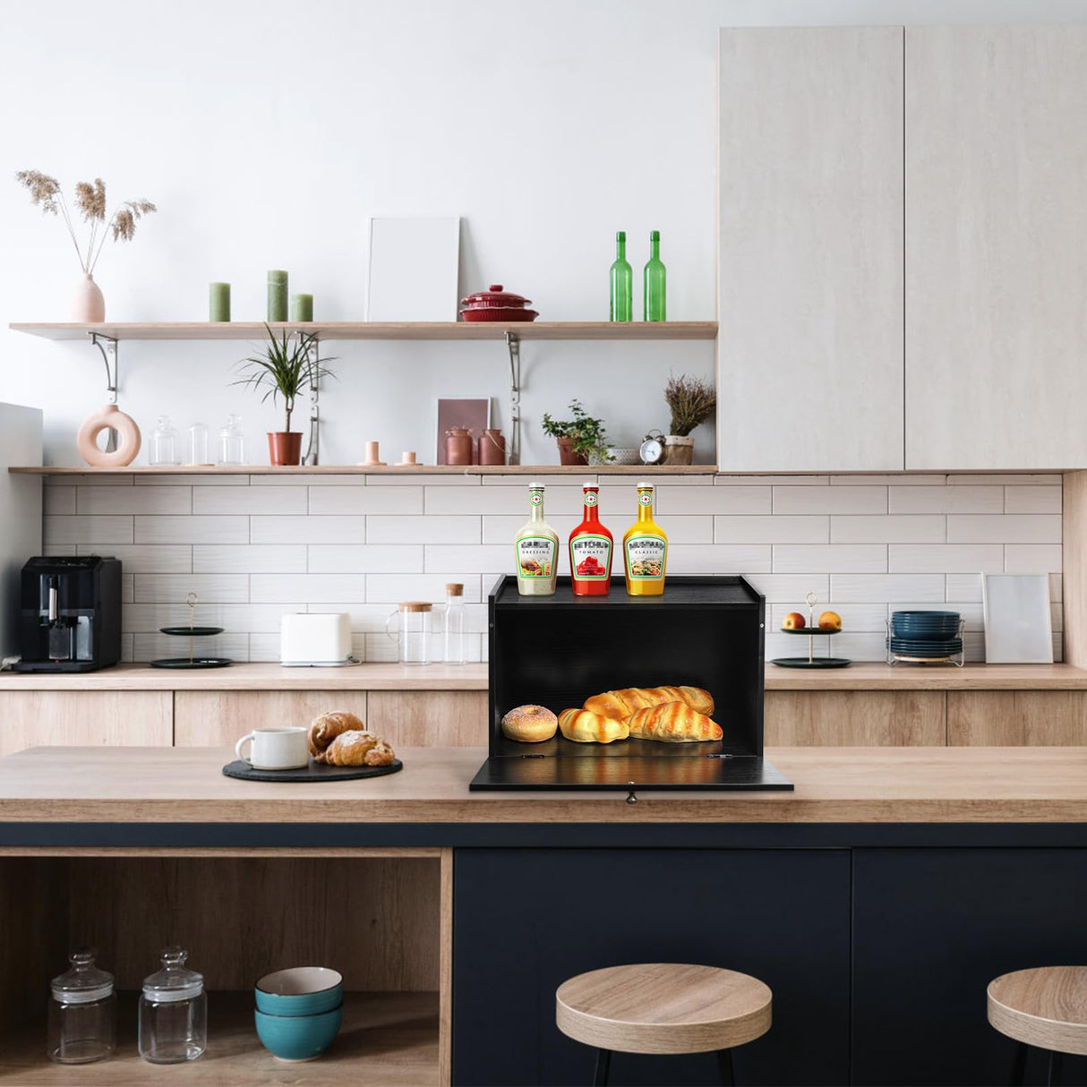 DECOCIAGA Bread Box for Kitchen Countertop, Large Capacity Bread Storage Container for Homemade Bread, Wooden Bread Holder Bread Bin for Kitchen Counter Corner, Cabinet, Pantry, Cupboard (Black) DECOCIAGA