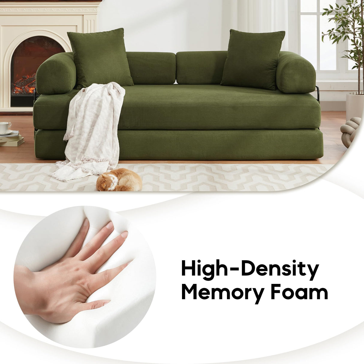 ZEIINPA Convertible Sleeper Sofa Bed with Cylindrical Pillow, Corduroy Folding Mattress Couch with Fixed-Shape Frame, Floor Sofa Lounge Couch for Living Room Bedroom Lounge Studio-Green ZEIINPA