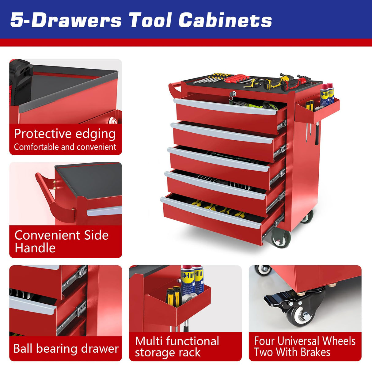MHEOMTME Rolling Tool Chest with Drawers, Craftsman Tool Box Organizer, Toolbox Cabinet with Keyed Locking System, 5 Drawer Tool Storage Cart on Wheels for Garage, Workshop and Repair Room, Red MHEOMTME