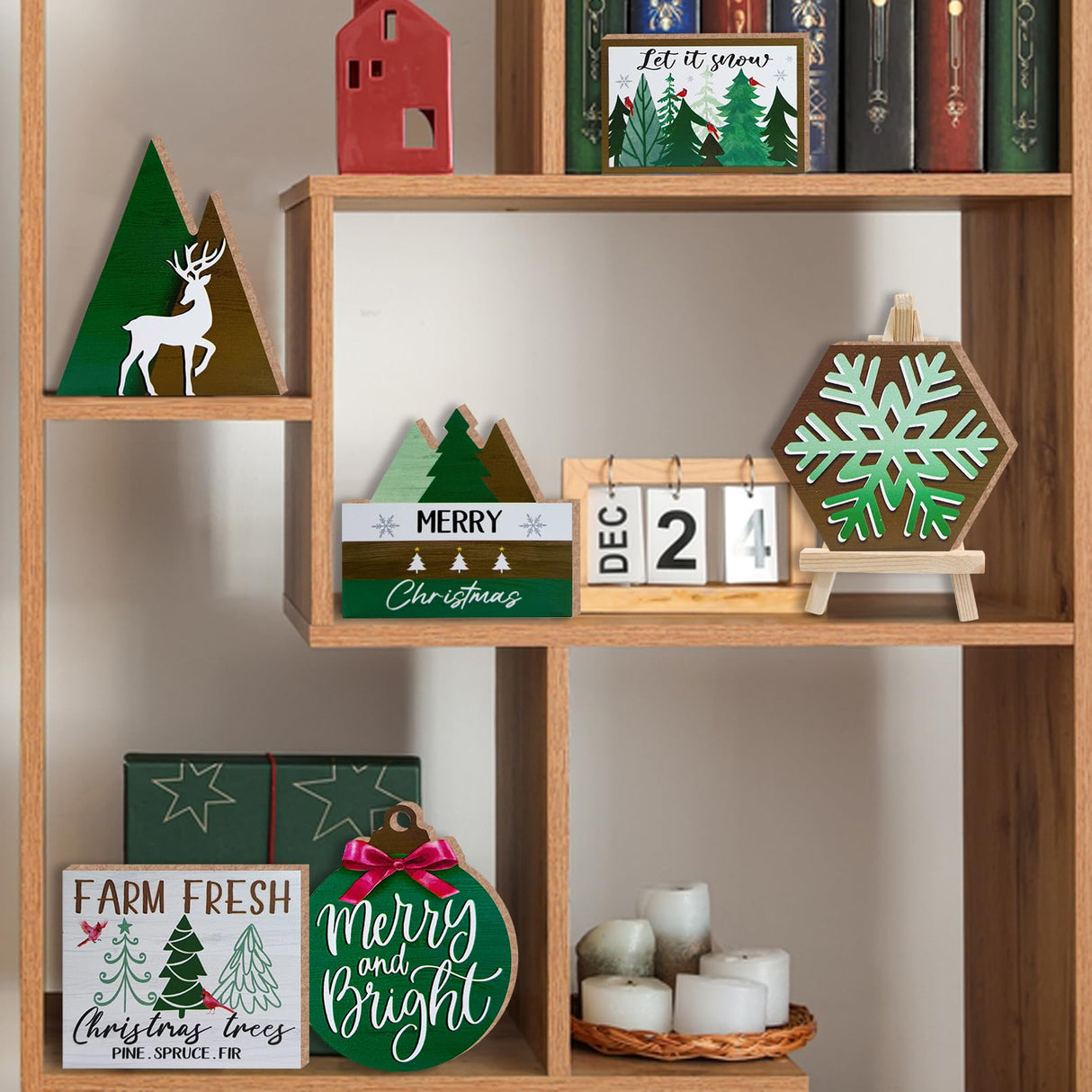 Guoofu 11 Pcs Merry Christmas Green Tiered Tray Decor, Farm Fresh Xmas Tree Balls Reindeer Snowflake Farmhouse Wood Decorations Set, Winter Holiday Rustic Wooden Decorative Signs for Home Table Shelf Guoofu