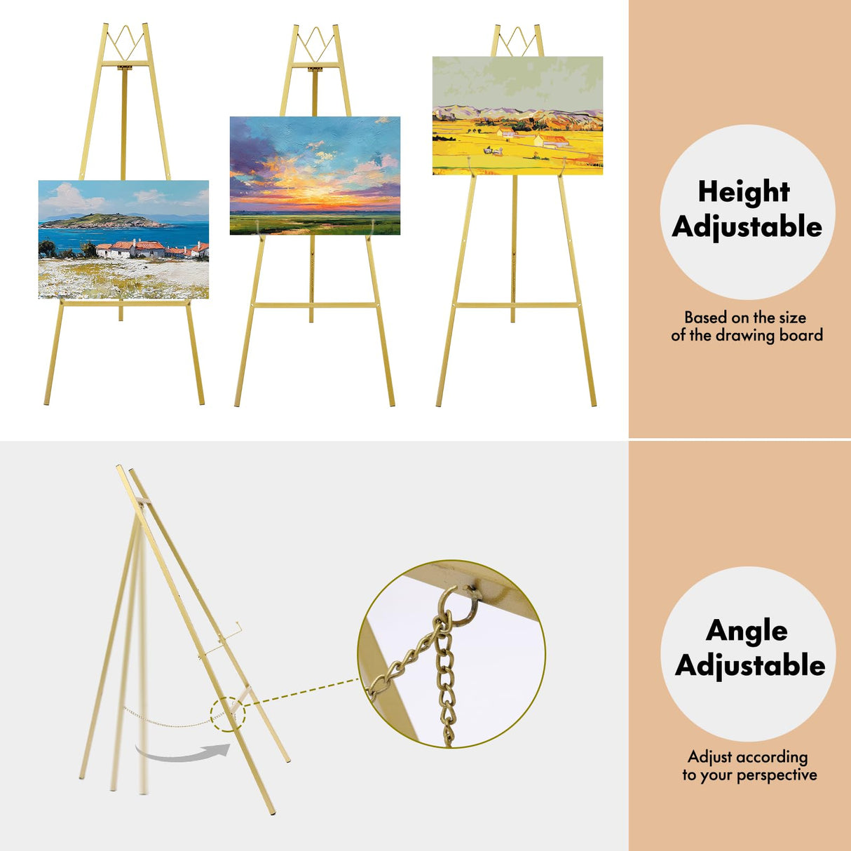 WATIHERE 57.5" Gold Easel Stand for Wedding Sign – 4 Adjustable Height Levels, Assembly Required, Heavy Duty Metal Display Stand for Art, Paintings, Posters, Pictures, and Home Décor WATIHERE