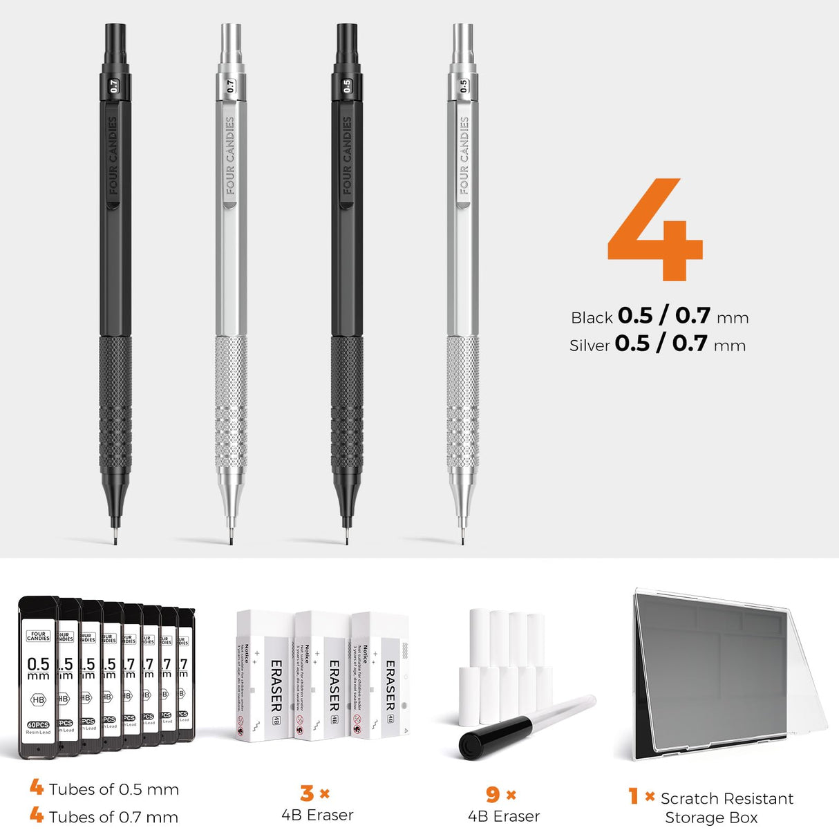Four Candies 4PCS Metal Mechanical Pencils Set with Case, 0.5mm & 0.7 mm Artist Pencil with 8 Tubes (480PCS) HB Lead Refills, 3 Erasers,9 Eraser Refills For Writing Drafting, Drawing, Black&Silver Four Candies