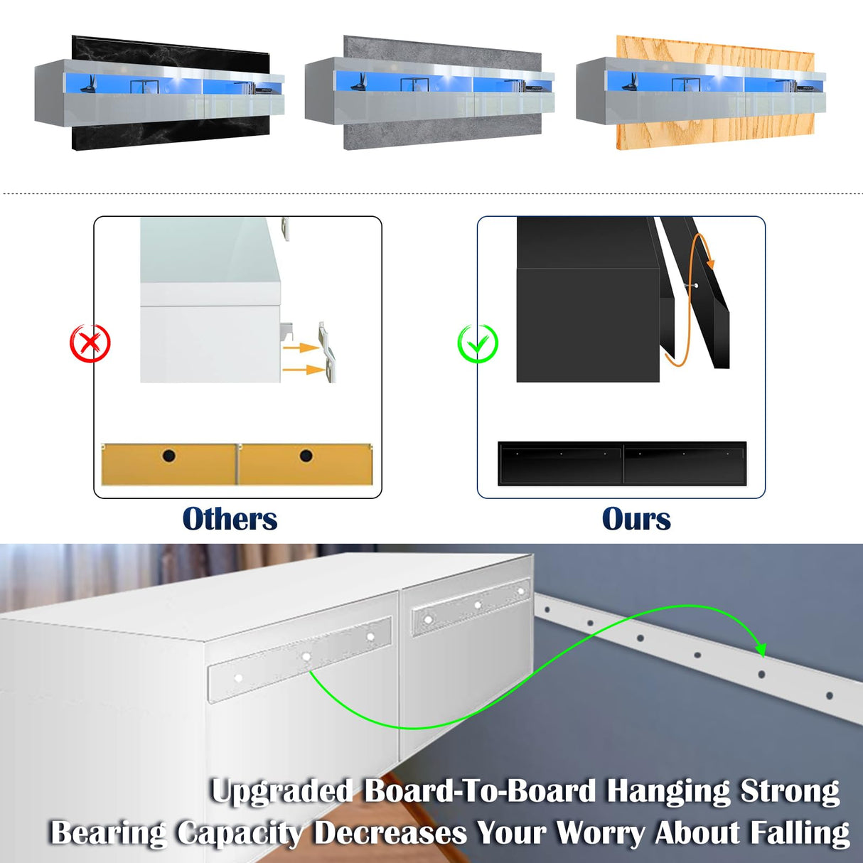 Vmobili Floating TV Stand with Led Lights,71" Wall Mounted Entertainment Center with Storage,TV Cabinet Stand with Power Outlet, Modern Wall Mounted Wood Media Console for Living Room,Bedroom Vmobili