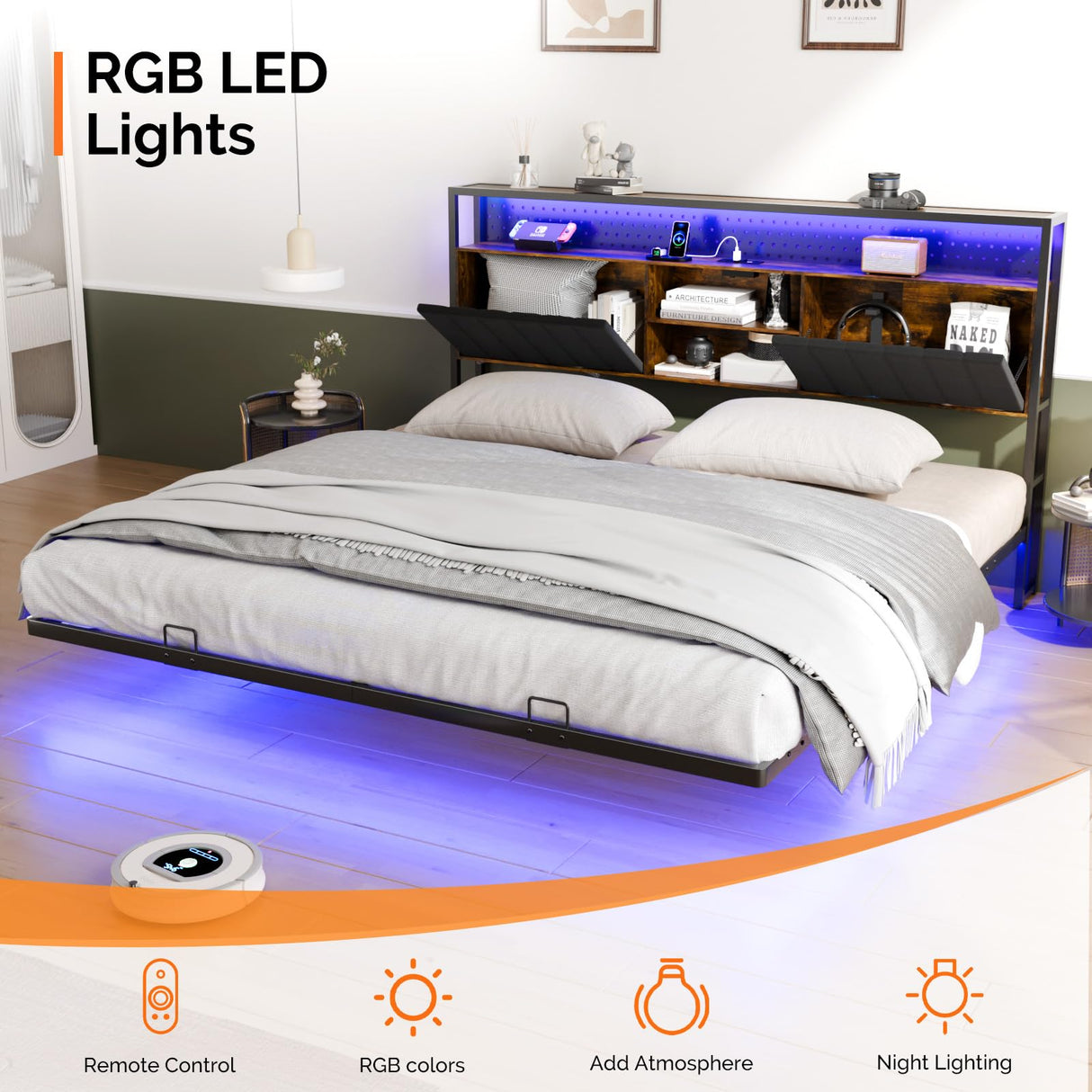 VINGLI King Size Floating Bed Frame with LED Lights and Charging Station, Cozy Hidden Storage Velvet Upholstered Headboard,No Box Spring Needed,Easy Assembly,Black VINGLI