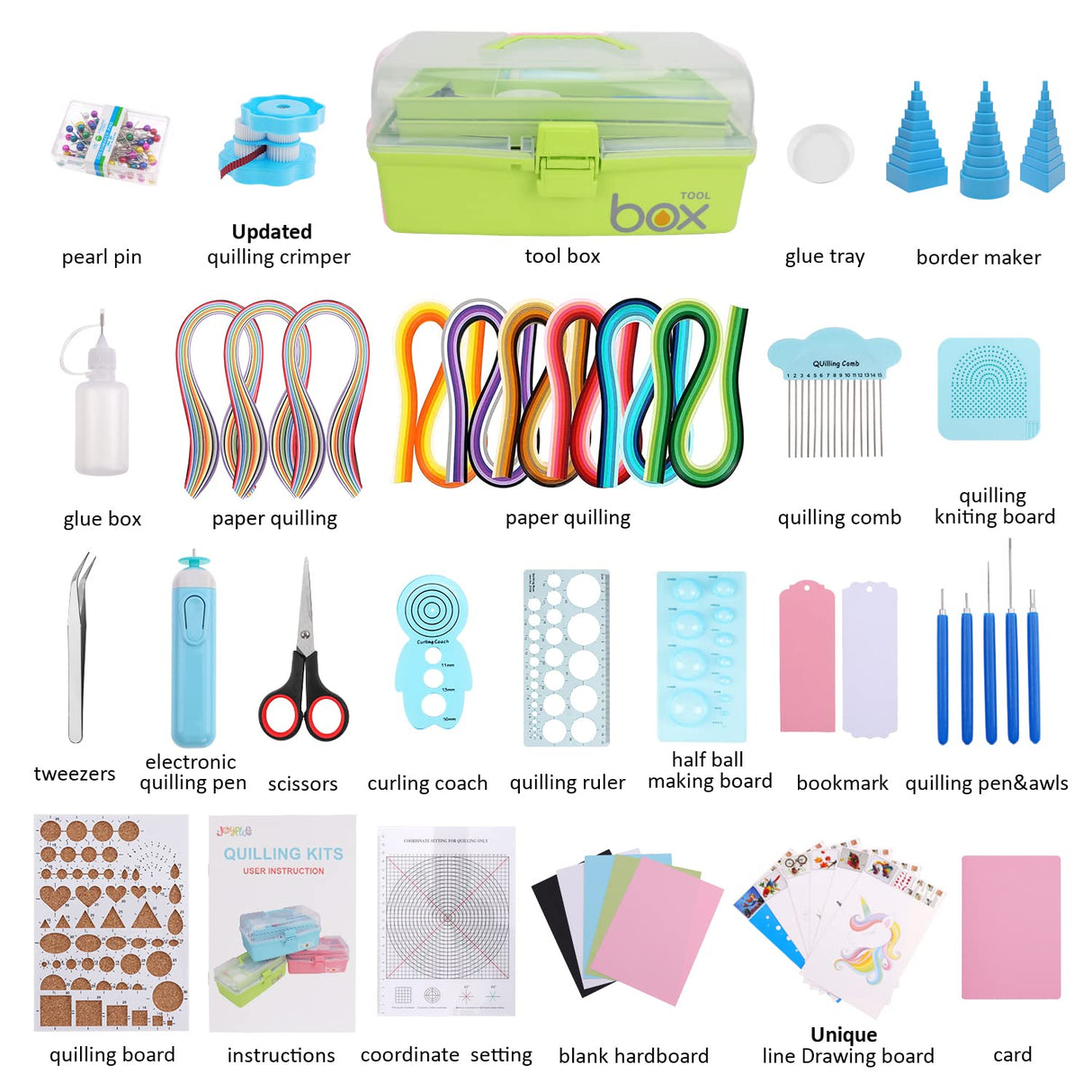JoyPlus Quilling Kits for Beginners with Manual, 24 Tools & Supplies with Durable Storage Box, Updated Paper Crimper Tool, Premium Husking Board & Electronic Pen Green JoyPlus