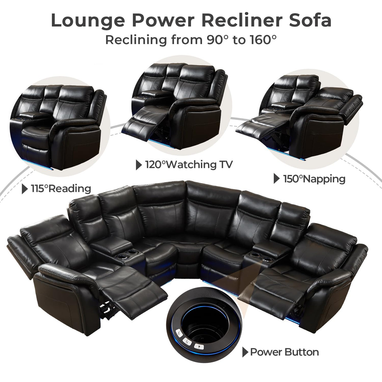 Power Recliner Sectional Sofa Couches with LED Lights for Living Room, Faux Leather Wall Hugger Reclining Corner Couch Sets with 2 Home Theater Seat, USB Charger, Cup Holder, Storage Console, Black Comfort Stretch