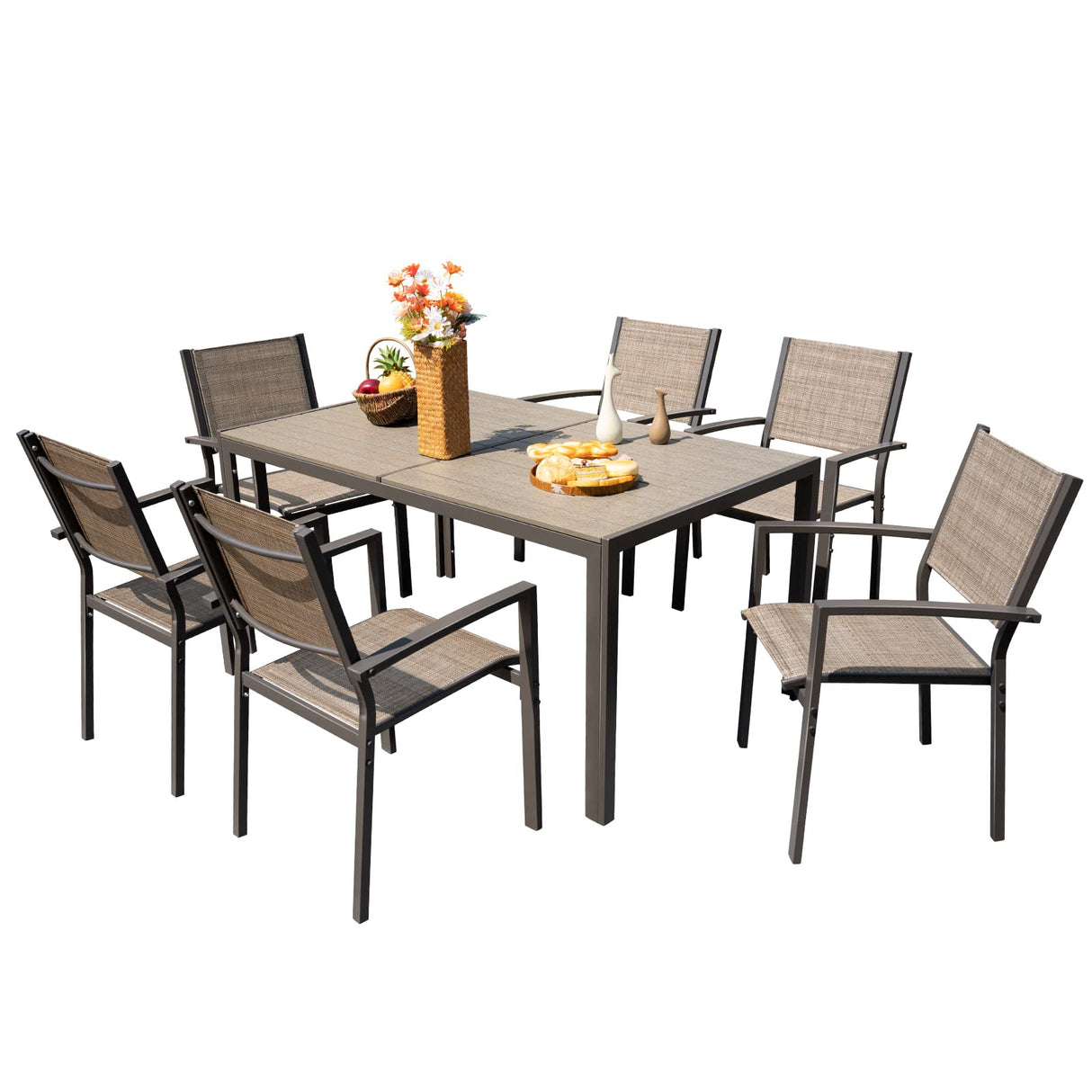 Devoko Patio Dining Set 7 Piece Outdoor Furniture with Rectangular Table and 6 Stackable Chairs Family Conversation Set for Garden Backyard Deck (Brown) Devoko
