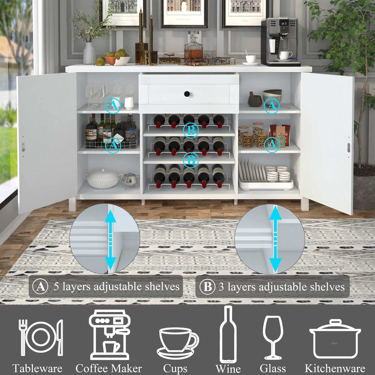 FATORRI Industrial Buffet Cabinet with Storage, Wood Buffet and Sideboard with Wine Rack, Rustic Credenza Coffee Bar Cabinet for Kitchen Dining Room (55.12 Inch, White Oak) FATORRI