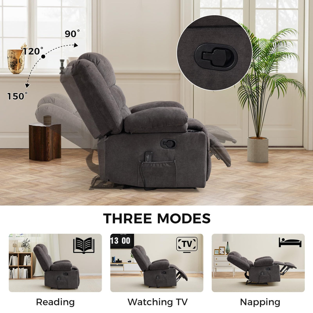 HAOMARKETS Classic Manual Recliner Set of 2 with Massage and Heat for Adults, Breathable Fabric Recliners with Two Cup Holders, Overstuffed Heavy Duty Reclining for Living Room, Grey HAOMARKETS