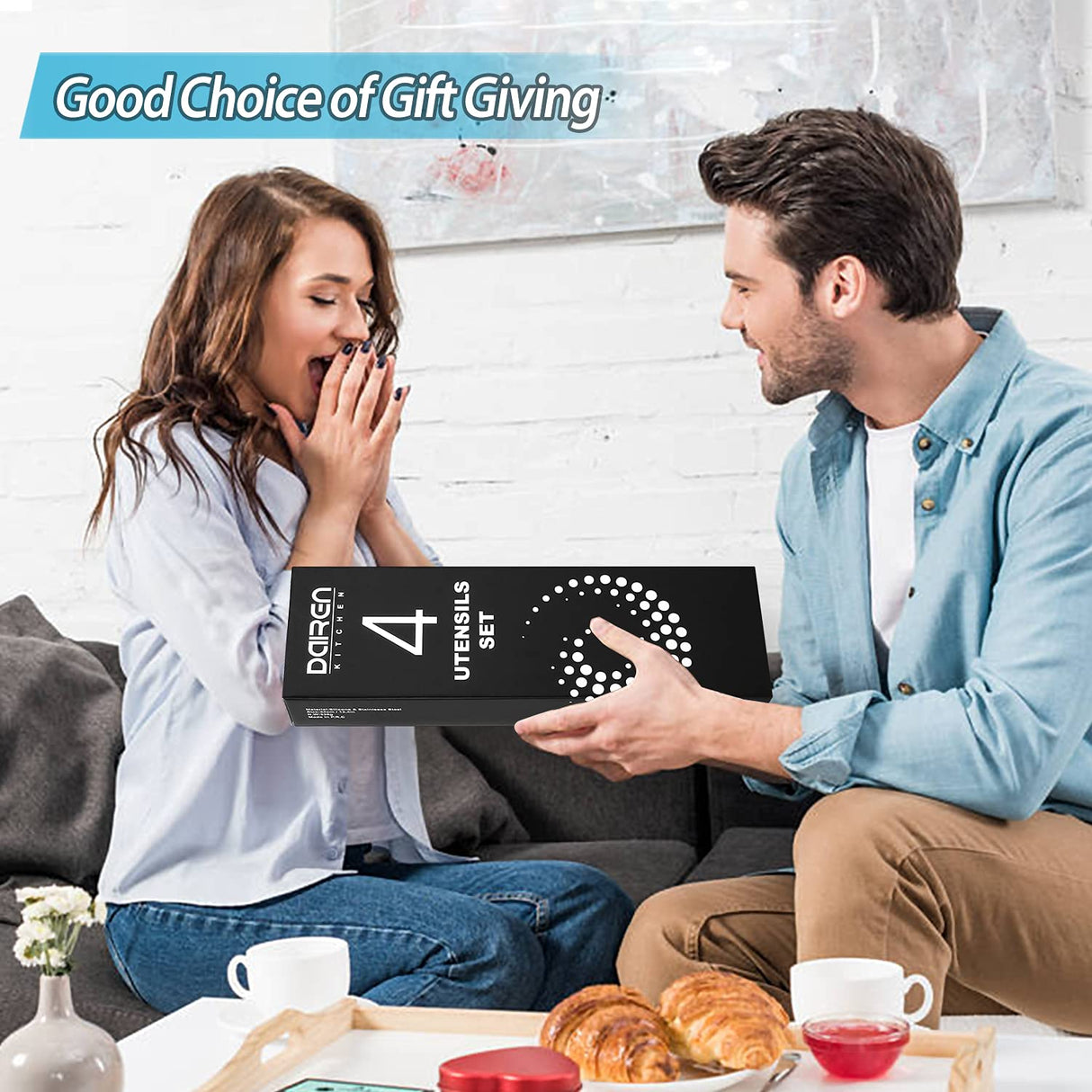 Pack of 4 Large Silicone Cooking Spatulas and Spoons, Slotted and Solid Stainless Steel Cooking Utensils Set, Non-stick Heat Resistant Kitchen for Baking, Fried, Stir-Fry, Mixing, Serving (Blue) DaiRen Kitchen