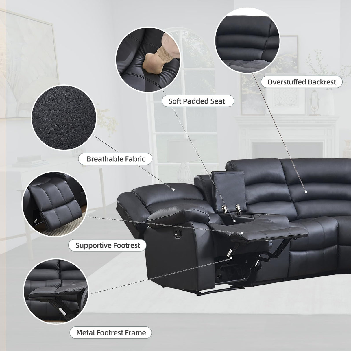 EBELLO Faux Leather L-Shaped Reclining Sectional Sofa Couch, Manual Recliner Sofa, with Cup Holders, Storage Space, a Convertible Backrest 5 Seats Home Furniture Set for Living Room, Black EBELLO