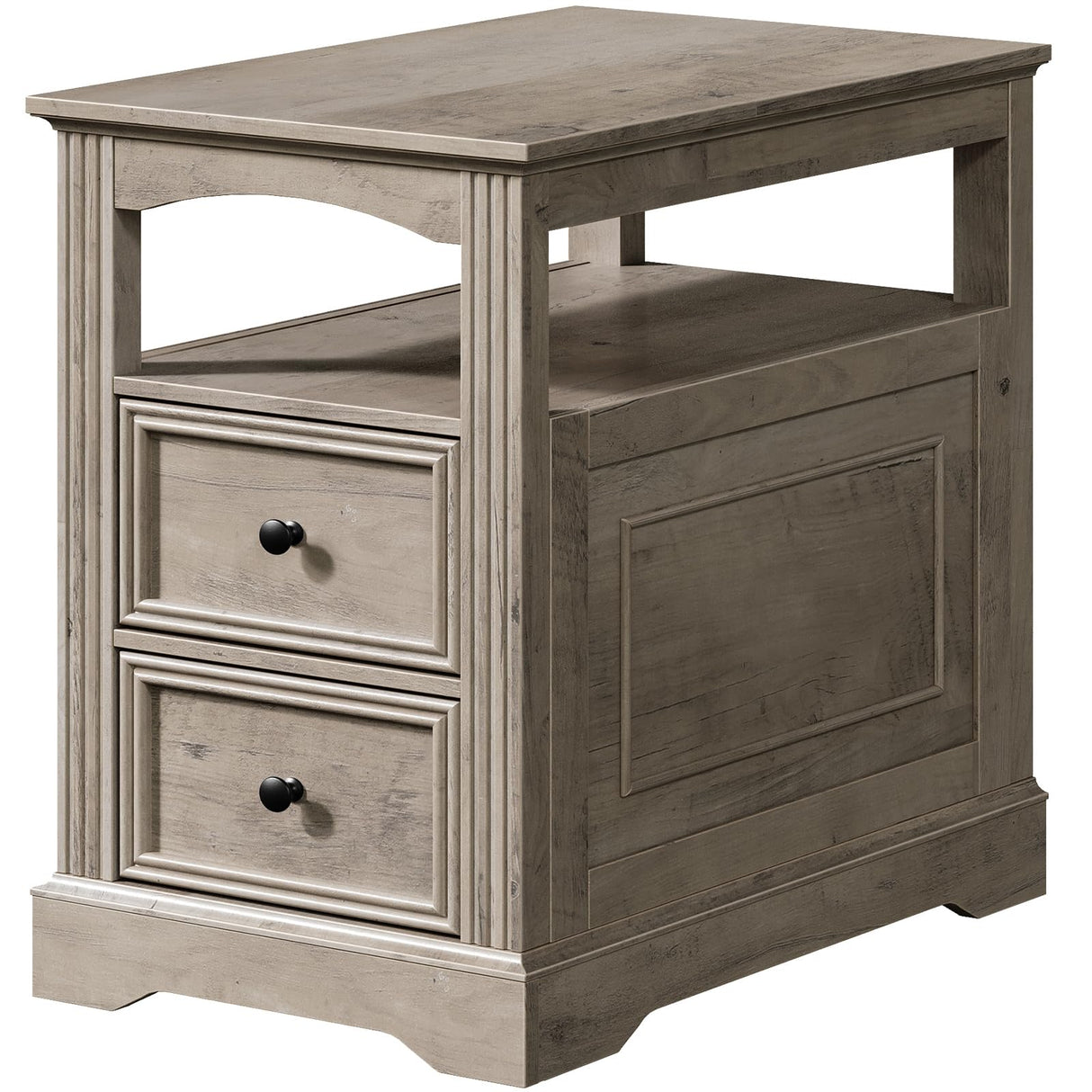 RALGEND Farmhouse End Table with 2 Drawers, Narrow Sofa Side Table with Storage and Open Shelf, Wooden Nightstand for Small Spaces, Bedroom, Living Room, Greige RALGEND