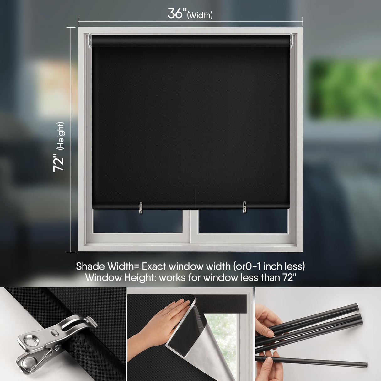 Blackout Roller Window Shades, Cordless Roller Shades, No Tools No Drill Pull Down Room Darkening Window Shades, Blackout Blinds for Bedroom Windows Home and Office(36''W x 72''H, Black) SAUIRS