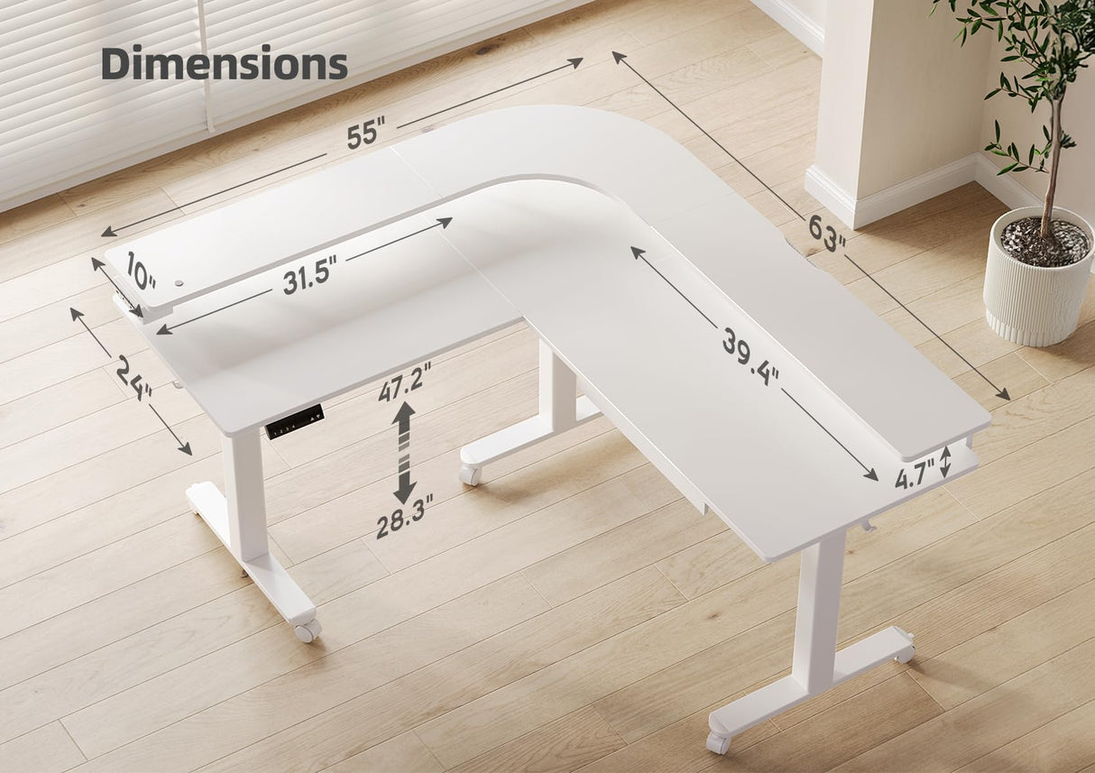 Claiks 63" L Shaped Standing Desk with Drawers and LED Lights, Height Adjustable Electric Corner Standing Desk with Monitor Stand & Power Outlet, 4 Memory Preset, White Claiks