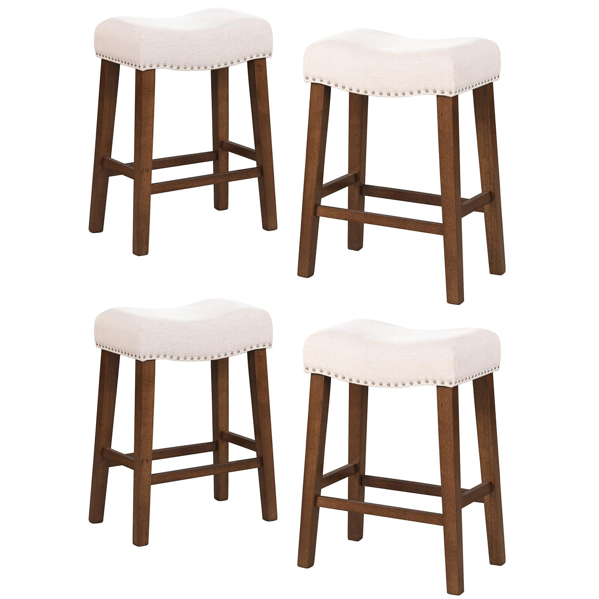 Larksperal 26" Counter Height Bar Stools - Modern Backless Kitchen Island Saddle Barstools Chairs with Footrest, Solid Wood Legs & Nailhead Trim Linen Fabric Cushion, Beige, Set of 4 Larksperal