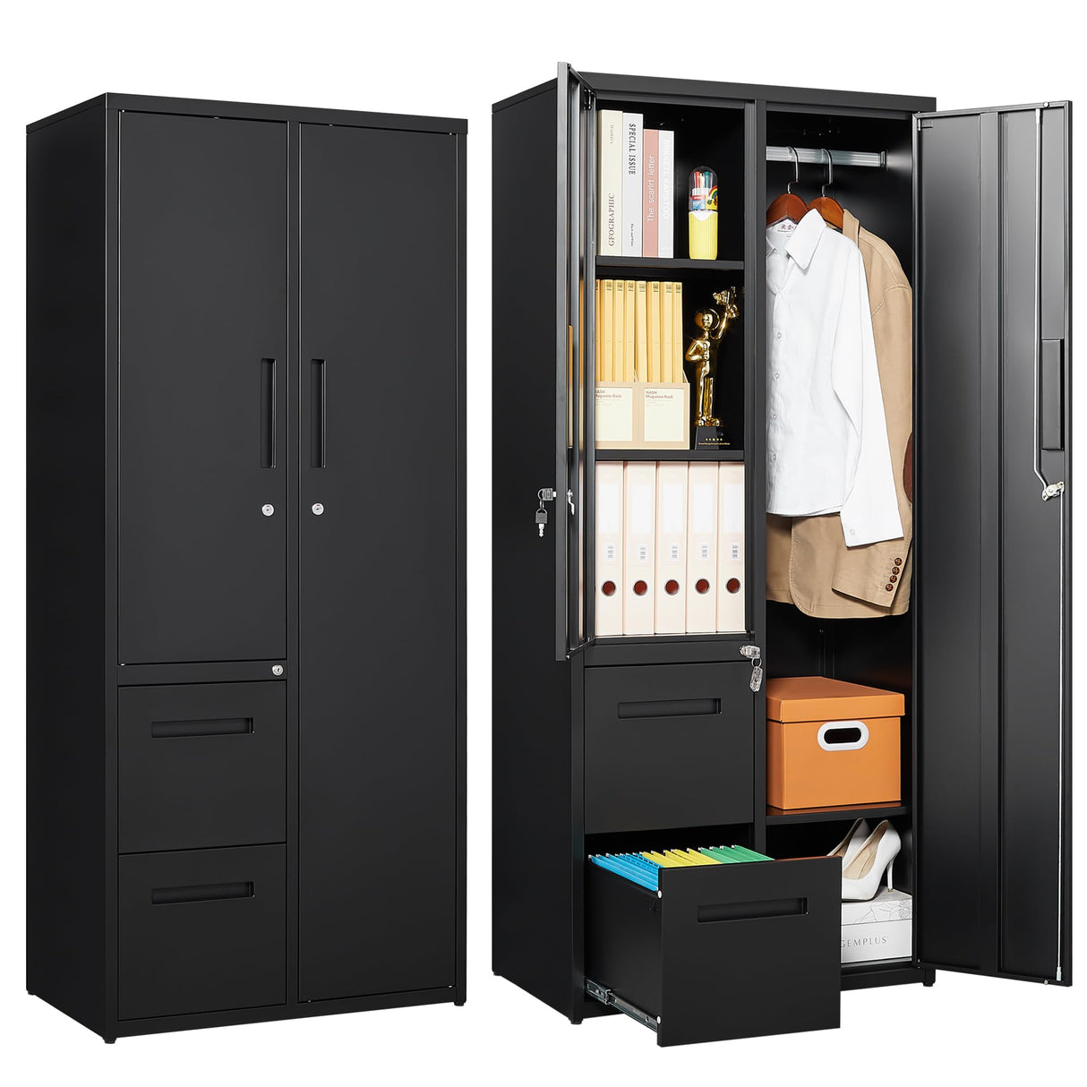 Letaya Metal Storage Cabinets with Drawers, Staff Locker with Lock Door and Shelves-Wardrobe Clothing/File/Tool Storage for Office, Home, School, Employee,Gym,Fire Department,Garage (Black) Letaya