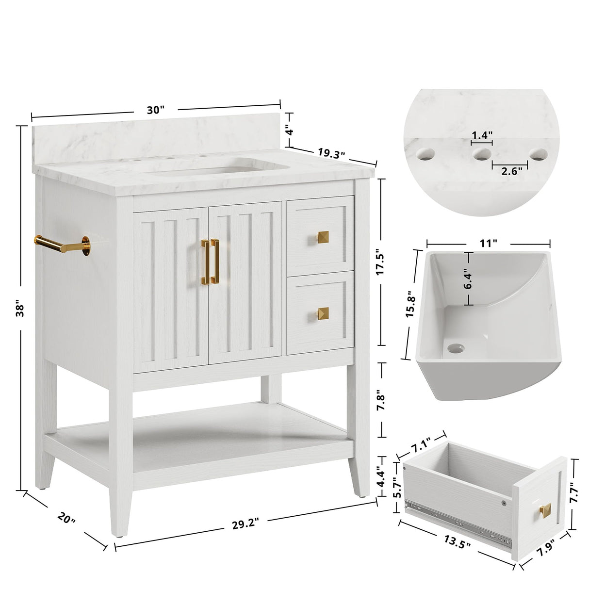 IRONCK 30" Bathroom Vanity with Sink, Farmhouse Bathroom Cabinet, Bathroom Vanity Set with 2 Drawers & Storage for Guest Baths Master Suites or Rental Units, Industrial White IRONCK