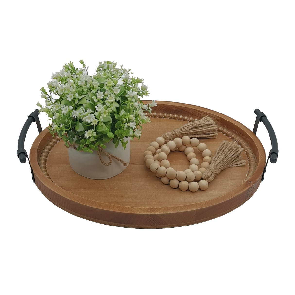 Oval Rustic Wooden Decorative Tray, Serving Tray with Metal Handles, Ottoman Coffee Table Tray, Farmhouse Centerpiece for Kitchen or Living Room (Brown) dugunusu