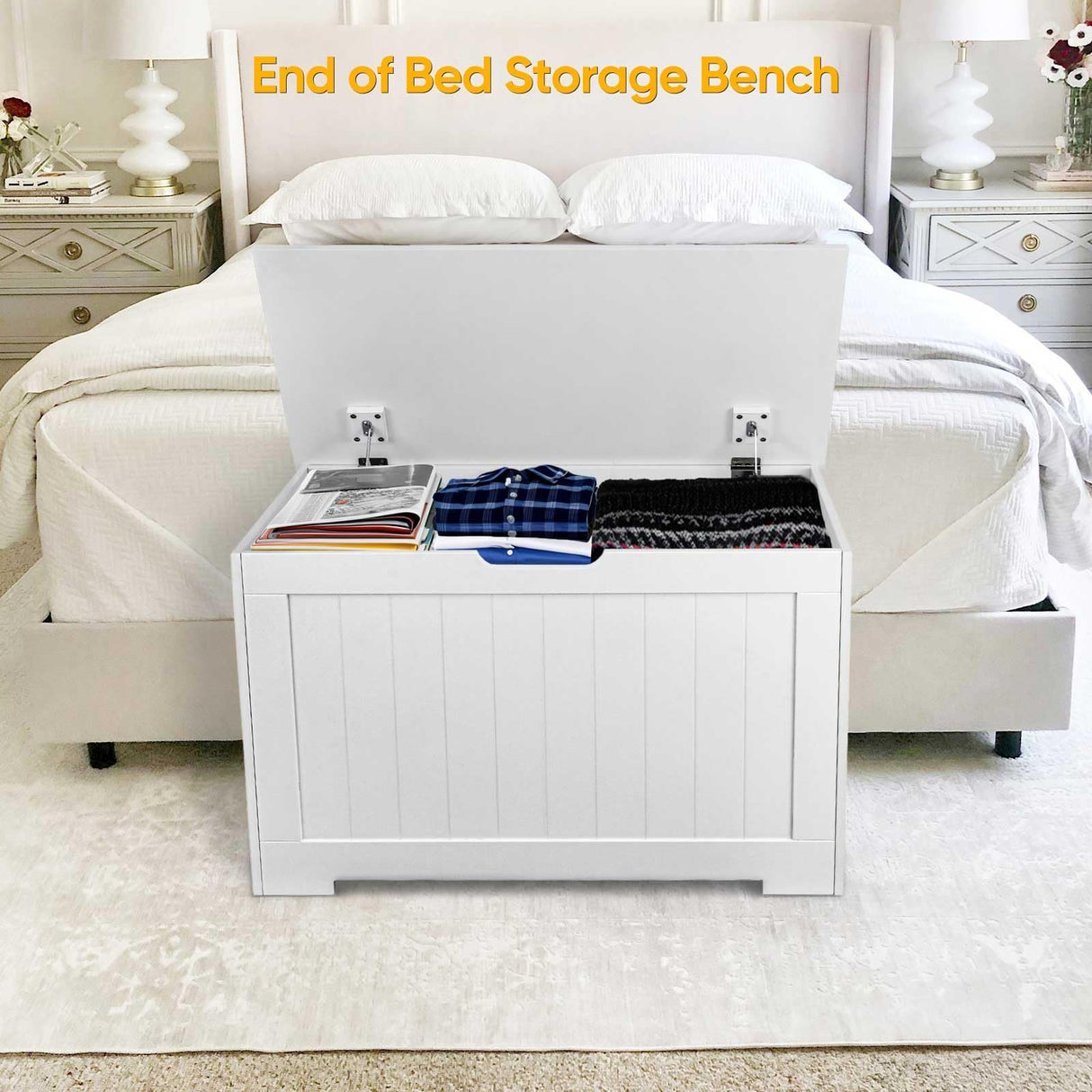 Epetlover Toy Box Storage Chest for Girls Boys, Wooden Trunk Bench w/Flip-top Lid & Safety Hinge, Kids Play Room Nursery Organizer, Bedroom Storage w/ 100L Storage Area (White) Epetlover