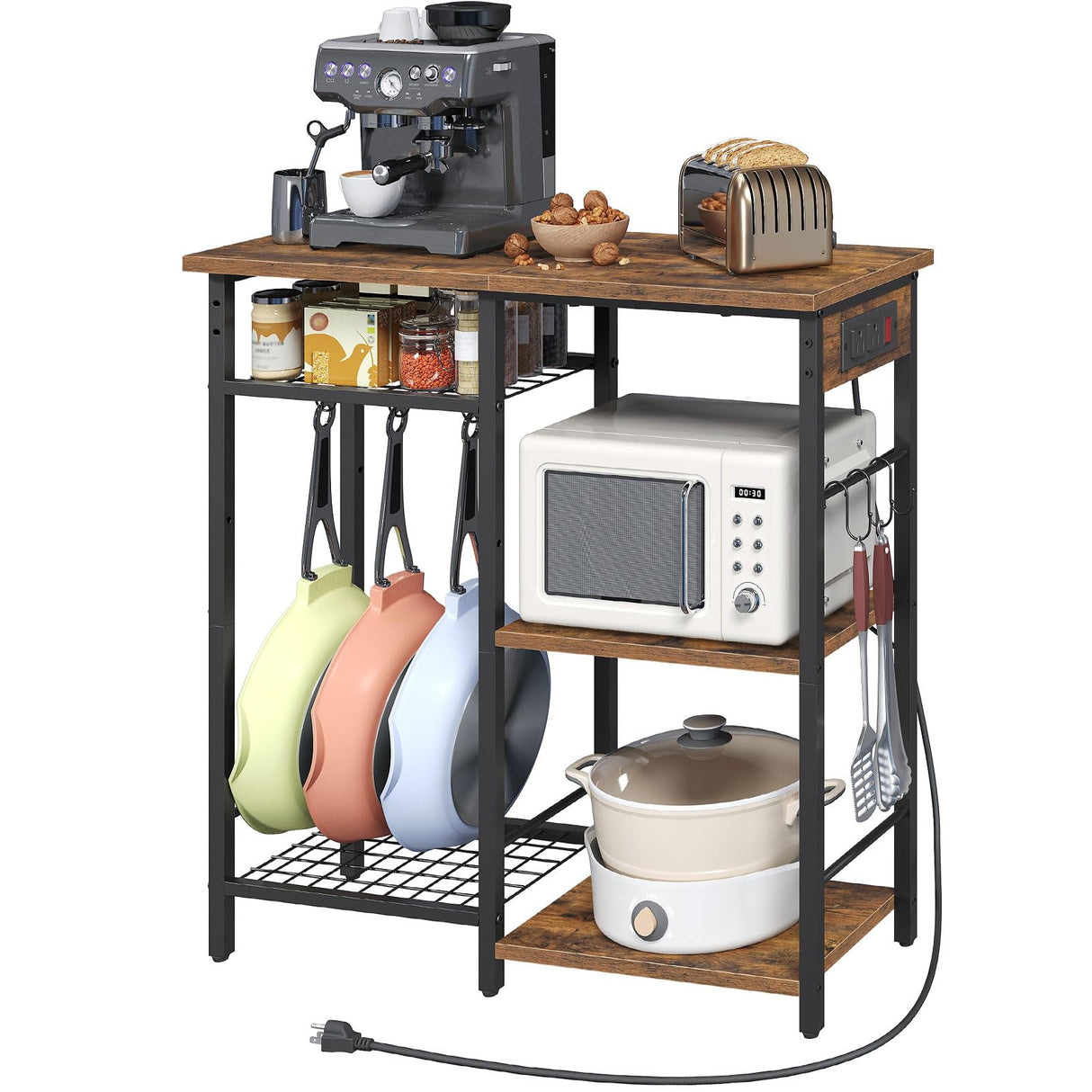 MAHANCRIS Bakers Rack with Power Outlet, Microwave Stand with Adjustable Mesh Rack, Coffee Bar Station, Kitchen Storage Racks with 6 S Hooks, for Kitchen, Dining Room, Rustic Brown and Black BRHR80E01 MAHANCRIS