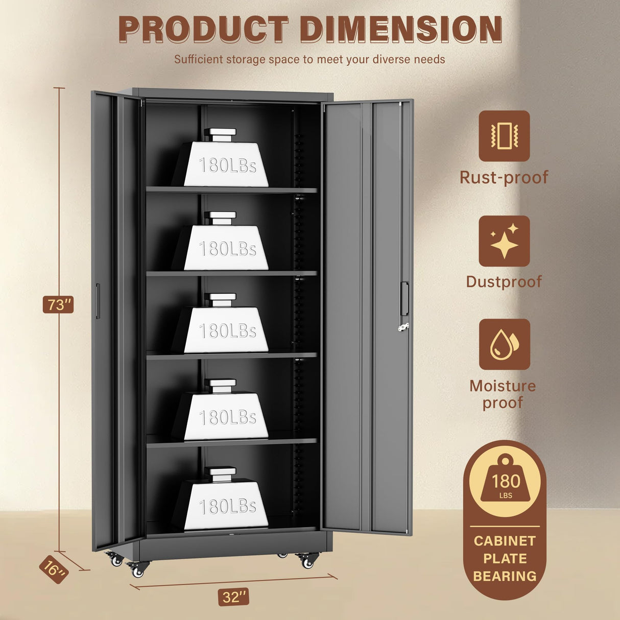 INTERGREAT Metal Storage Cabinet with Wheels, 73" H Rolling Metal Cabinets with Doors and Shelves, Black Steel Lockable Cabinet on Wheels for Garage Storage INTERGREAT