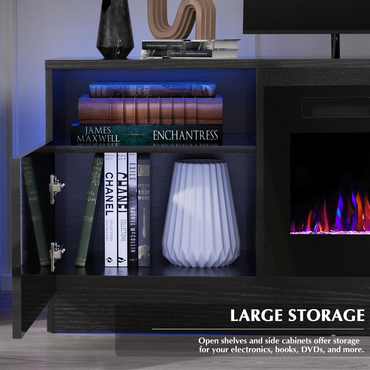 LEMBERI Fireplace tv Stand with 36 inch Fireplace Up to 80" TVs,LED Light Entertainment Center and Storage, 70" Modern Wood Media TV Console with Highlight Cabinet for Living Room (Black) LEMBERI