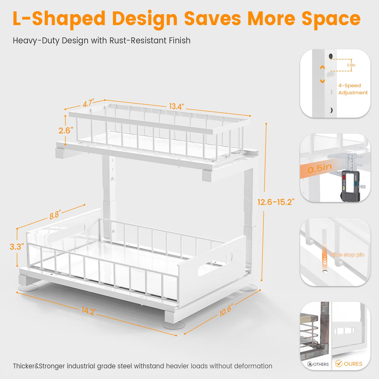 2 Pack Under Sink Organizer, 2-Tier Heavy Duty Metal Pull Out Cabinet Organizer Slide Out Sink Shelf Organizer Height Adjustable, Multi-Purpose Storage Shelf for Kitchen Bathroom (White,2 Pack) Toyear
