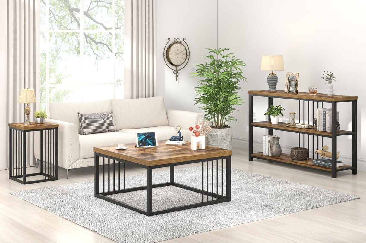 FOLUBAN Modern Coffee Table, Square Center Table for Living Room, Industrial Rustic Wood and Metal Cocktail Tea Table, 31.5 Inch, Brown FOLUBAN