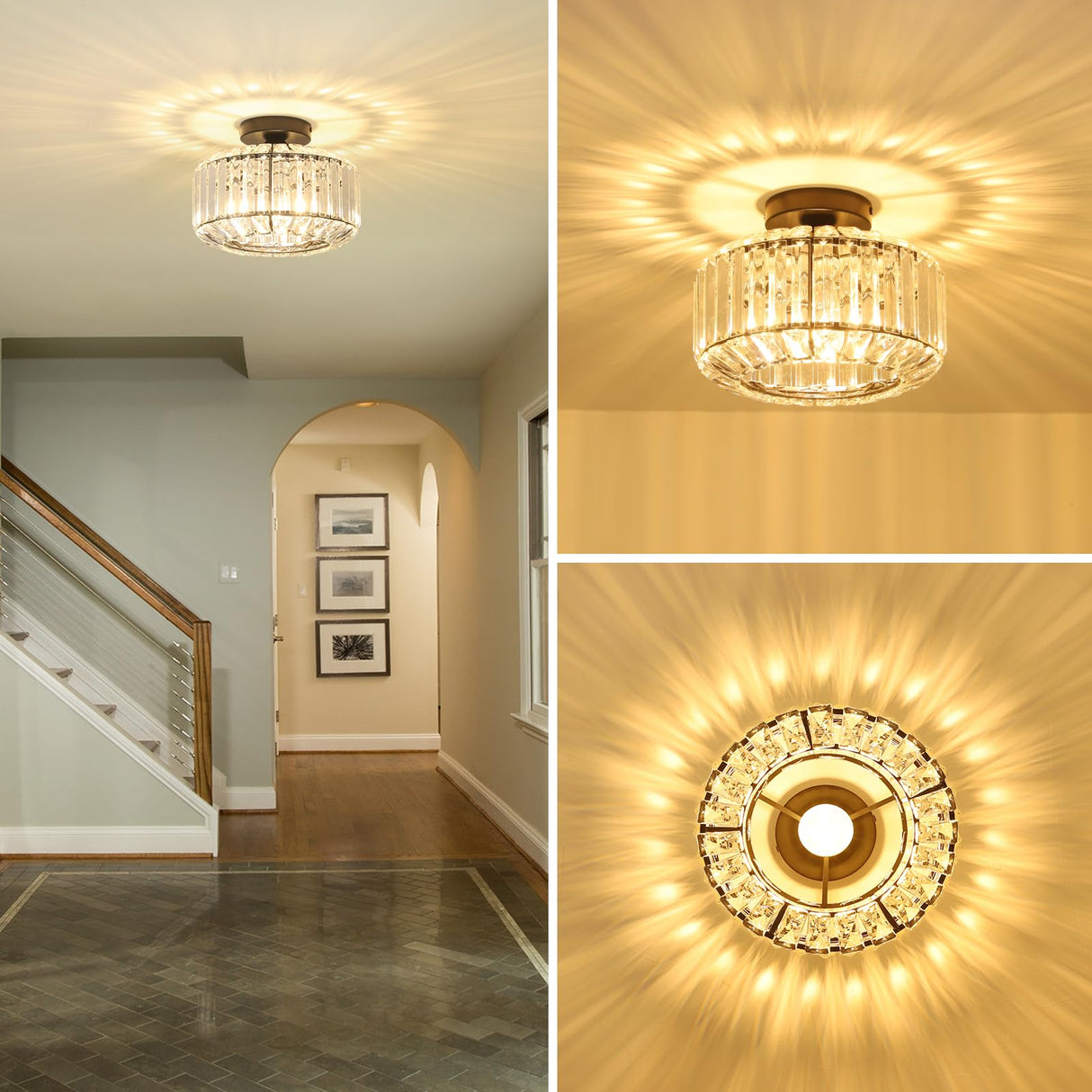 eyassi Crystal Semi Flush Mount Ceiling Light, Black Kitchen Lighting Fixtures Ceiling, Modern Bedroom Chandelier Living Room Light Fixtures Ceiling Mount, Bathroom Ceiling Light for Entryway Hallway eyassi