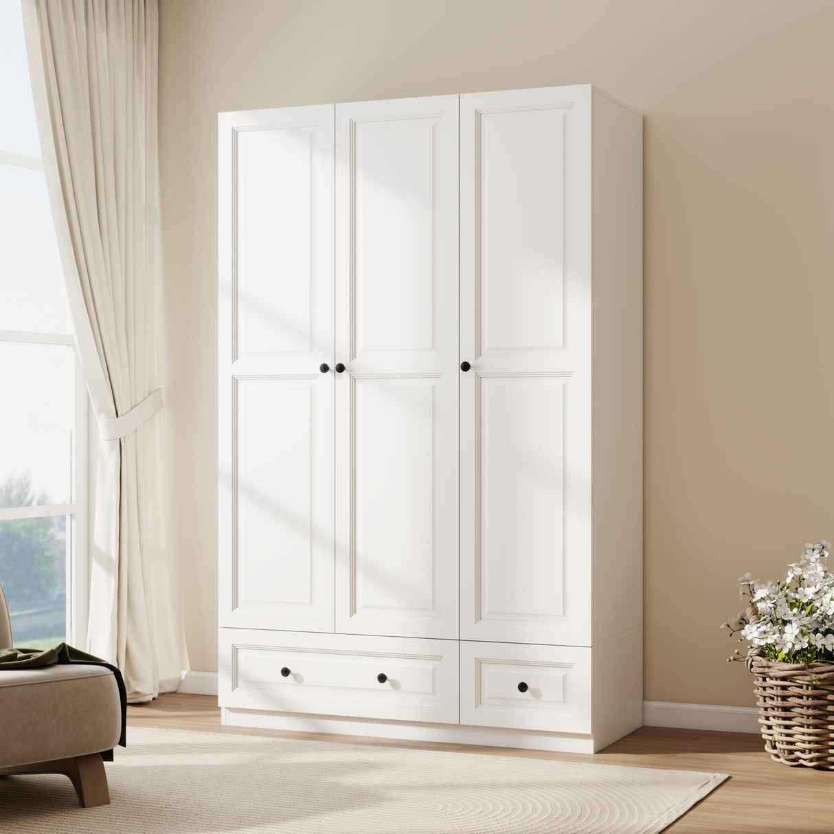 LABROSKIA White 3 Door Wardrobe Closet: Bedroom Armoire Wardrobe Closet with 3 Drawers, Wooden Wardrobe Closet for Hanging Clothes, Wood Cabinet for Clothes and Shelves(White, 47") LABROSKIA