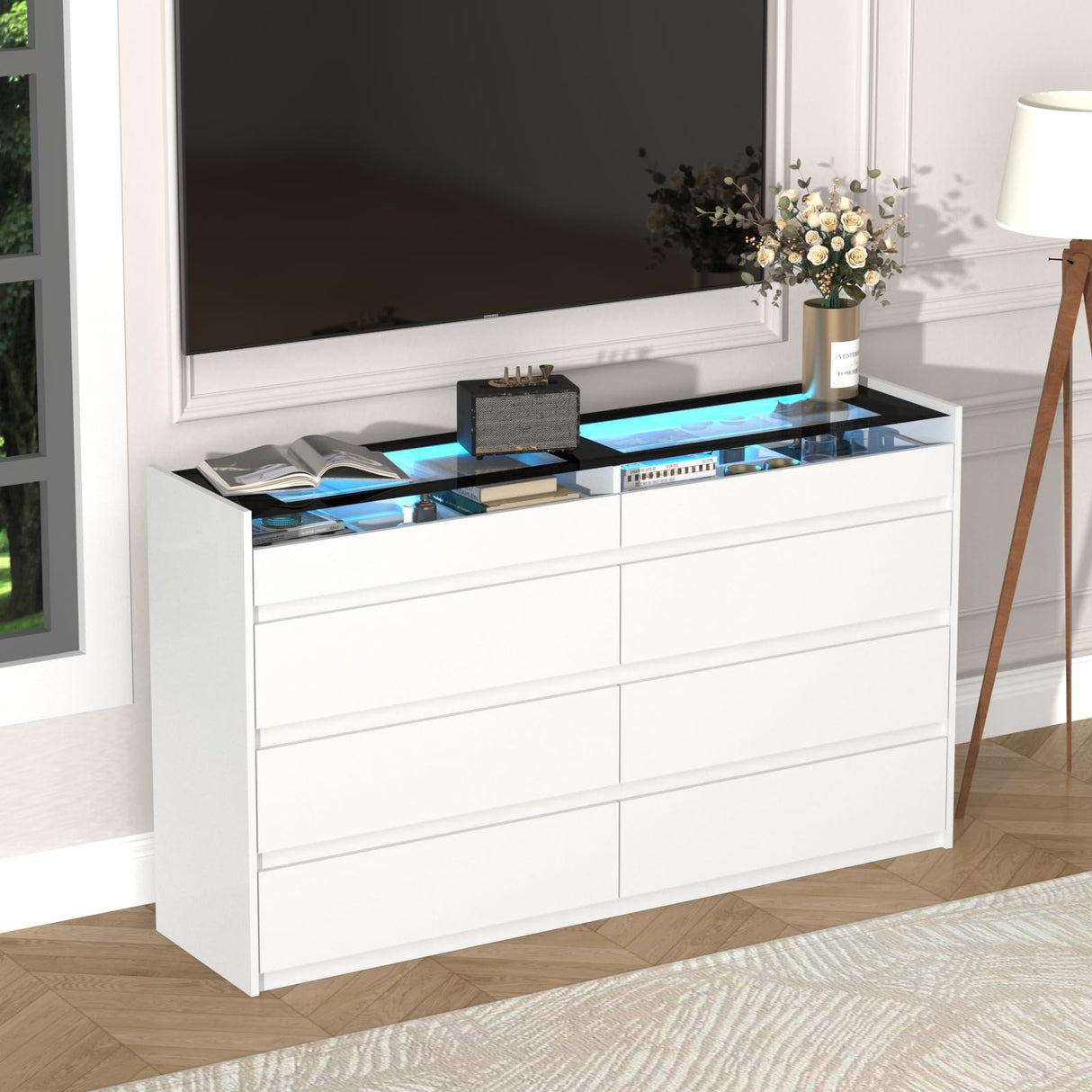 White 8 Drawer Dresser for Bedroom with LED Light, Modern Dresser Chest of Drawers with Hidden Handles and Glass Top, Dressers Organizer for Bedroom, Closet, Living Room LIVAUVEAD