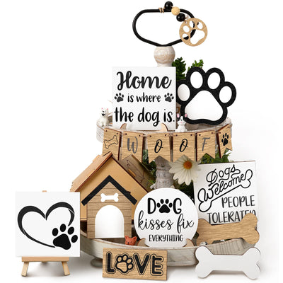 Geelin 16 Pcs Dog Tiered Tray Decor Set Wooden Dog Tray Decor Rustic Farmhouse Paw Bone Farm Decorations Mini Wood Signs for Kitchen Home Table Housewarming Gift