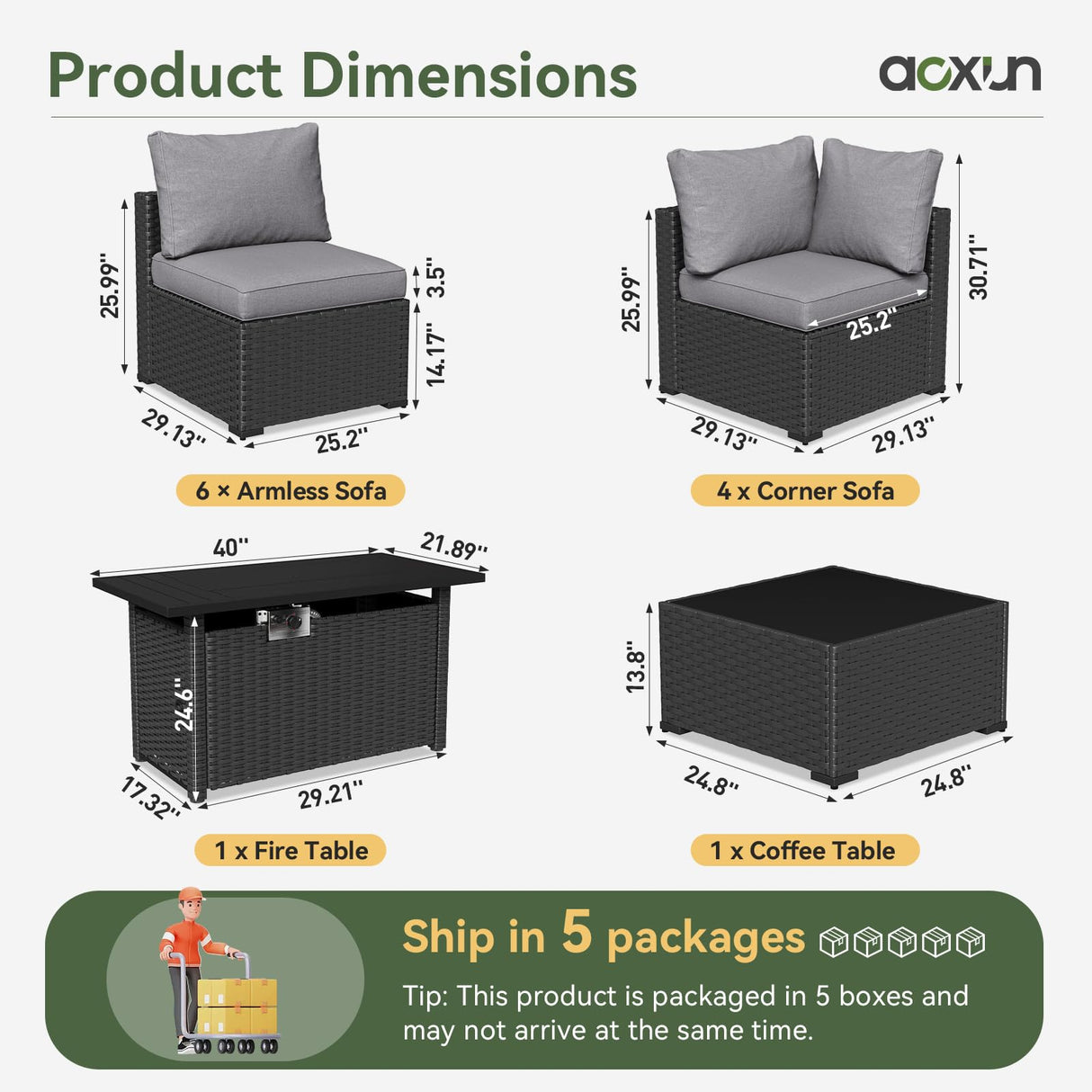 Aoxun 12 Piece Patio Furniture Set with 44” Fire Pit Table Wicker Rattan Patio Sectional Sofa Set Outdoor Seating Furniture with Thickened Cushion, Grey Aoxun