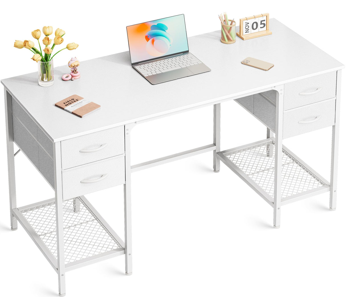 Huuger 47 Inch Computer Desk with 4 Drawers, Office Desk with Mesh Shelf, Gaming Desk, Large Storage, Writing Desk Work Desk for Home Office, Study, Bedroom, Work from Home, White Huuger