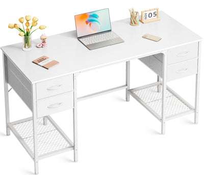 Huuger 47 Inch Computer Desk with 4 Drawers, Office Desk with Mesh Shelf, Gaming Desk, Large Storage, Writing Desk Work Desk for Home Office, Study, Bedroom, Work from Home, White