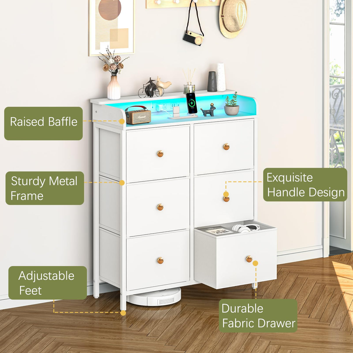 Yoobure Dresser for Bedroom with Charging Station, 6-Drawer Chest Furniture with LED Lights, Fabric Dressers & Chests of Drawers, Storage Tower Organizer Unit for Kids Room Closet Living Room Hallway Yoobure