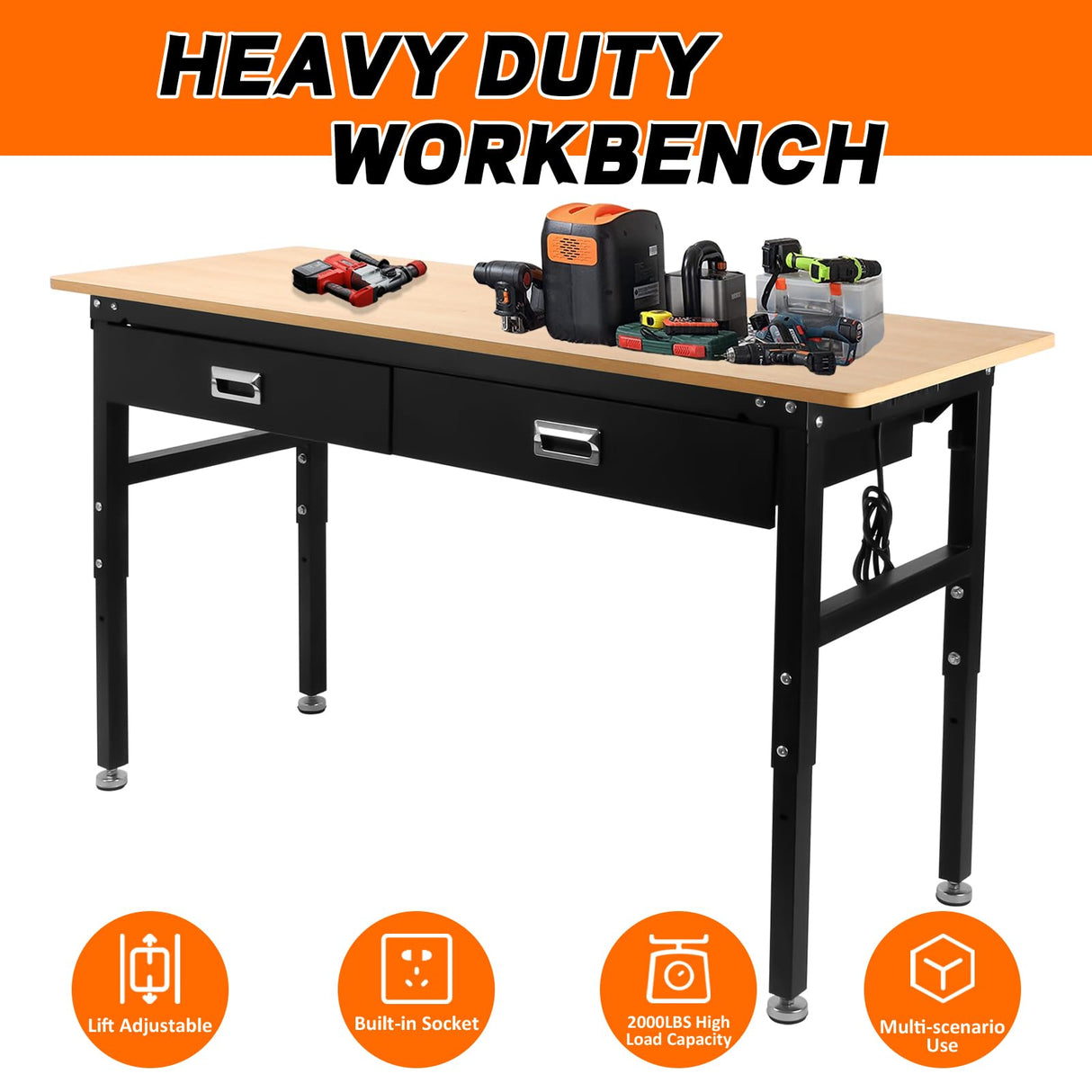 60'' Adjustable Workbench with Drawers,2000 Lbs Capacity Heavy Duty Work Benches for Garage,Wood Work Bench with Power Outlet,Work Tables for Shop Office Home Commercial FORJAMINT