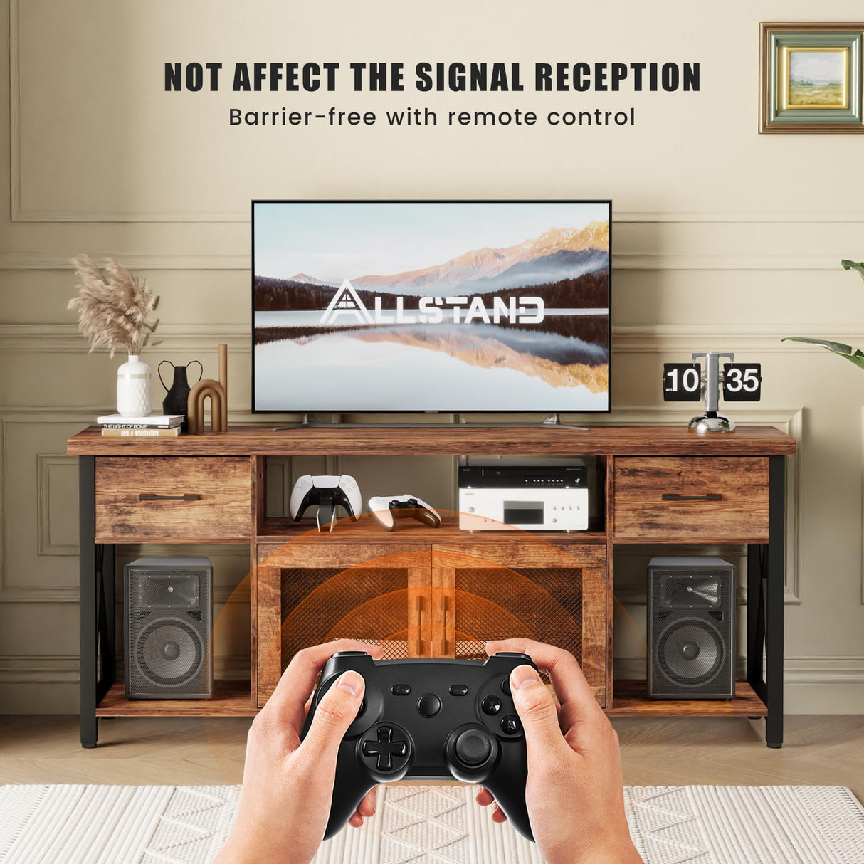 ALLSTAND TV Stand for 55 60 65 Inch TV, Entertainment Center with Fabric Drawers & Storage Cabinets, Industrial Media Console Table with Soundbar Shelf for Living Room, Bedroom, 55 Inches Rustic Brown ALLSTAND