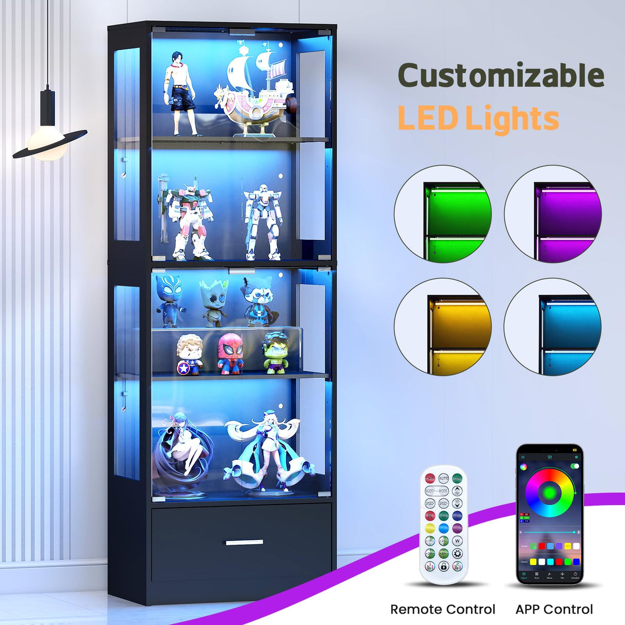 Lamtor Display Cabinet with Glass Doors - 67" Curio Cabinet with RGB LED Lights and Drawer for Collectibles, 4 Tier Glass Display Case for Living Room, Office, Black(Narrow) Lamtor