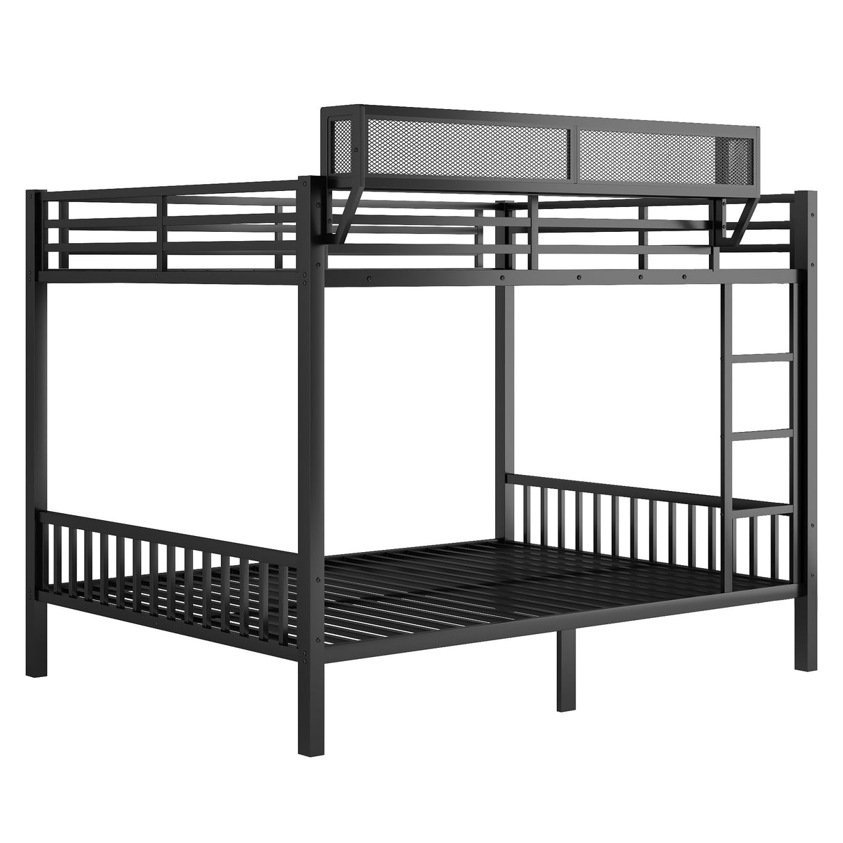 KEIKI Queen Over Queen Size Metal Bunk Bed Frame with Ladder and Built-in Storage Shelves, for Teens, Bunk Bed with Solid Slats, Guardrail, No Box Spring Required, Easy Assembly, for Bedroom, Black KEIKI