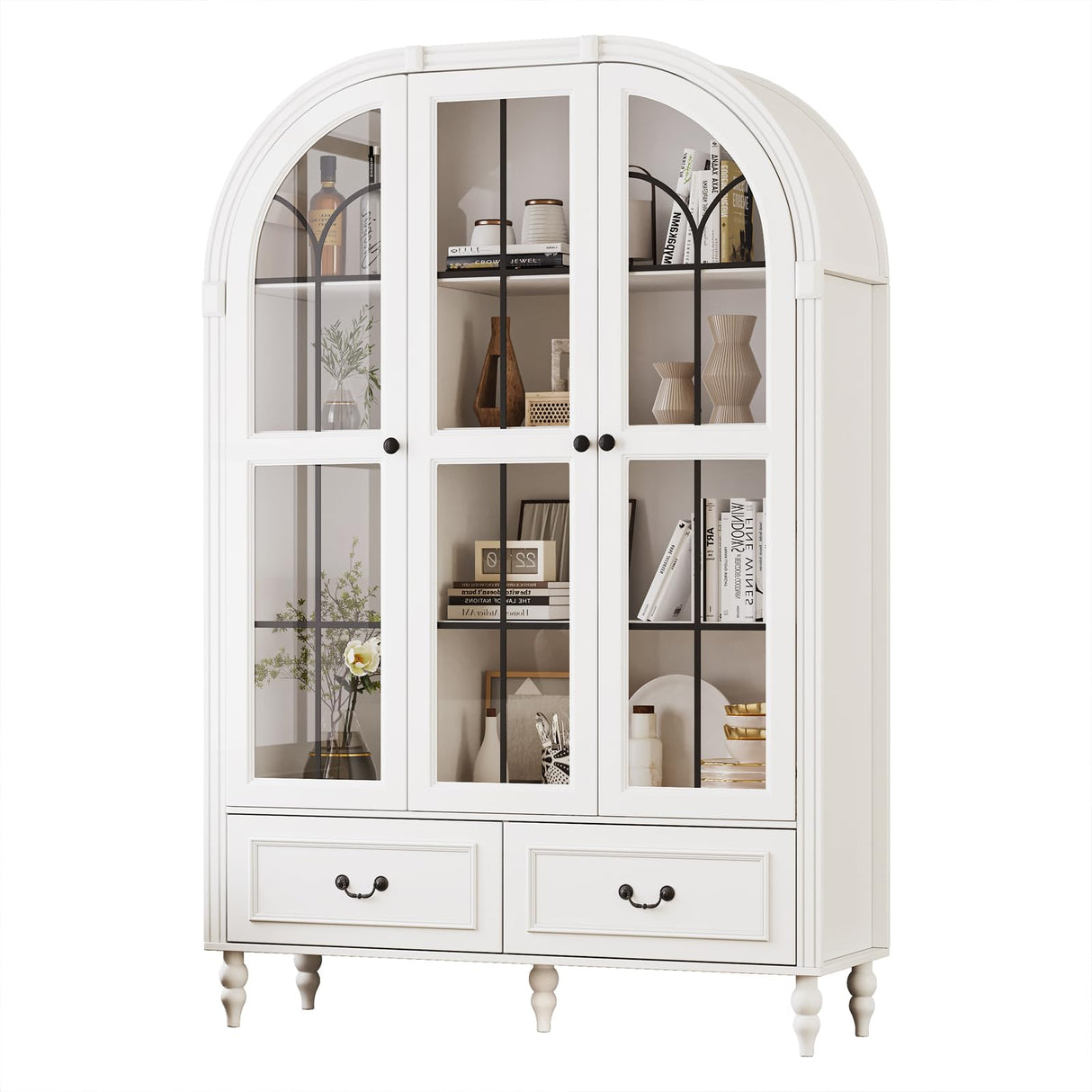70.8'' Tall Arched Kitchen Pantry Cabinet, Large Farmhouse Storage Cabinet with Glass Doors, Display Case, Wood Bookshelf with 2 Drawers & Adjustable Shelves, Kitchen Pantry for Living Room, White LIVAUVEAD