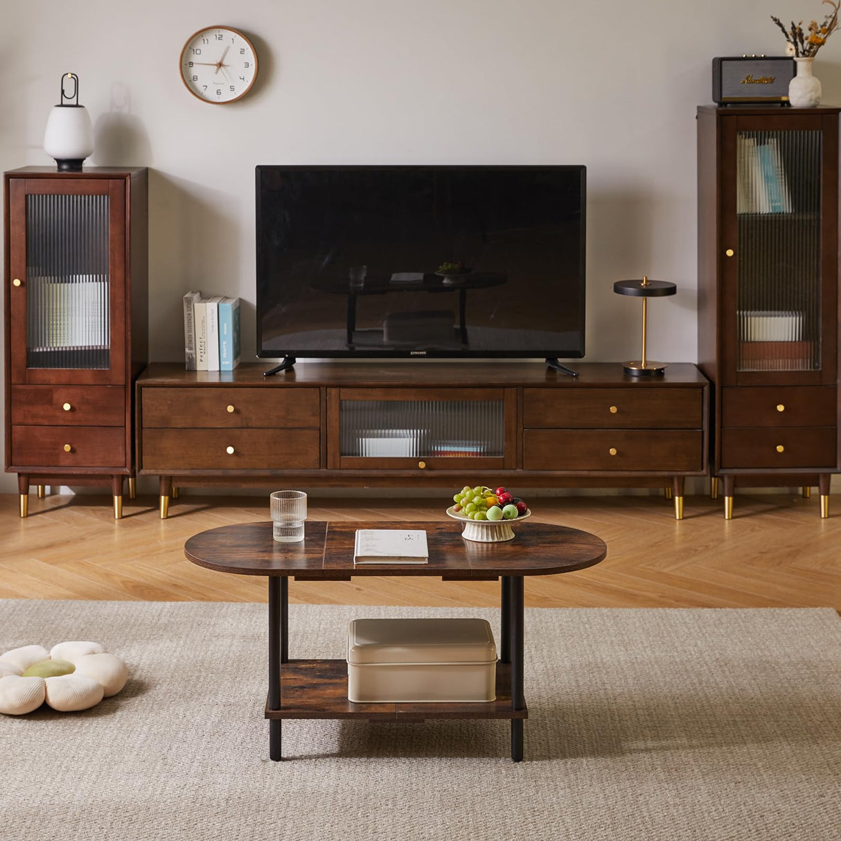 Aibiju Rustic Coffee Table Splicing Design, TV Centre Table Stand 35 * 16 * 17", 2-Tier Oval Wood Tea Table for Living Room Apartment Rustic Brown YD-011H Aibiju