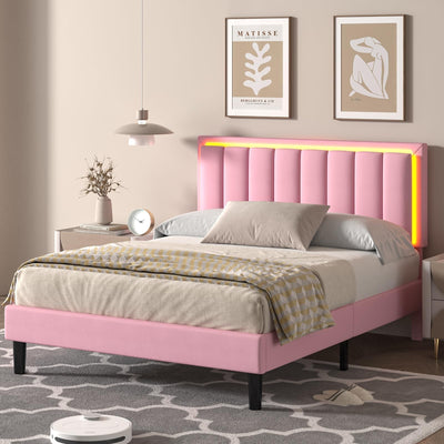 IMMERSTABLE Queen Bed Frame Pink with LED Lights, Upholstered Bed Frame Queen with Headboard, Heavy Duty Wood Slats Support, Noise-Free, No Box Spring Needed, Easy Assembly