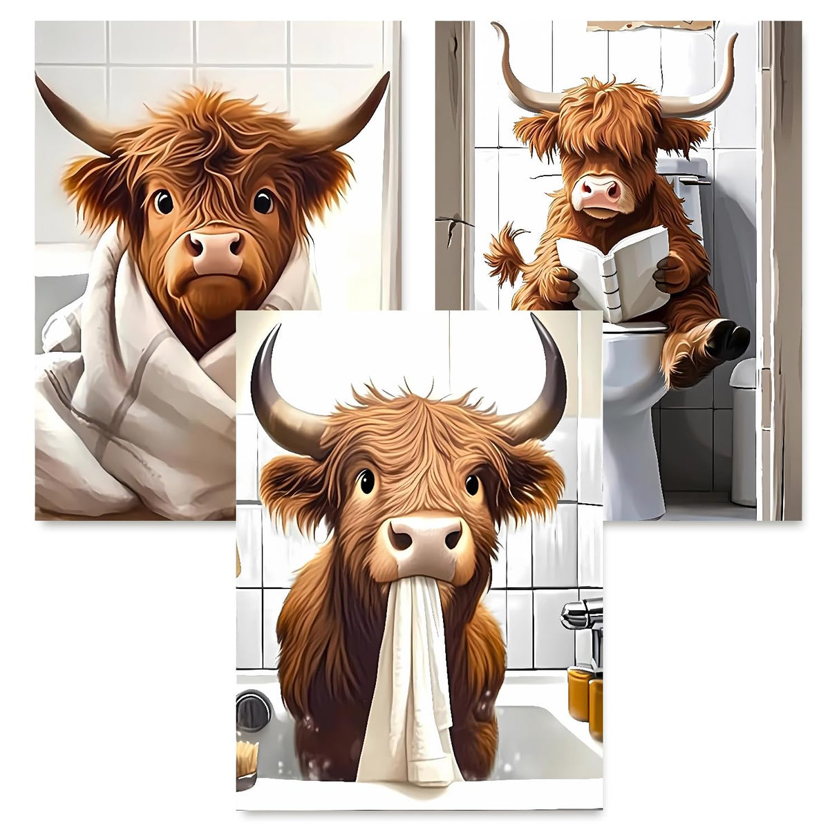 Diamond Art Kits for Adults Beginner, 3 Pack Funny Highland Cow Diamond Painting Kits 5D Diamond Dots Gem Art Crafts with Tools Round Full Drill Funny Crafts for Home Wall Decor&Gift 12X16 inch Fairyland JinWenn