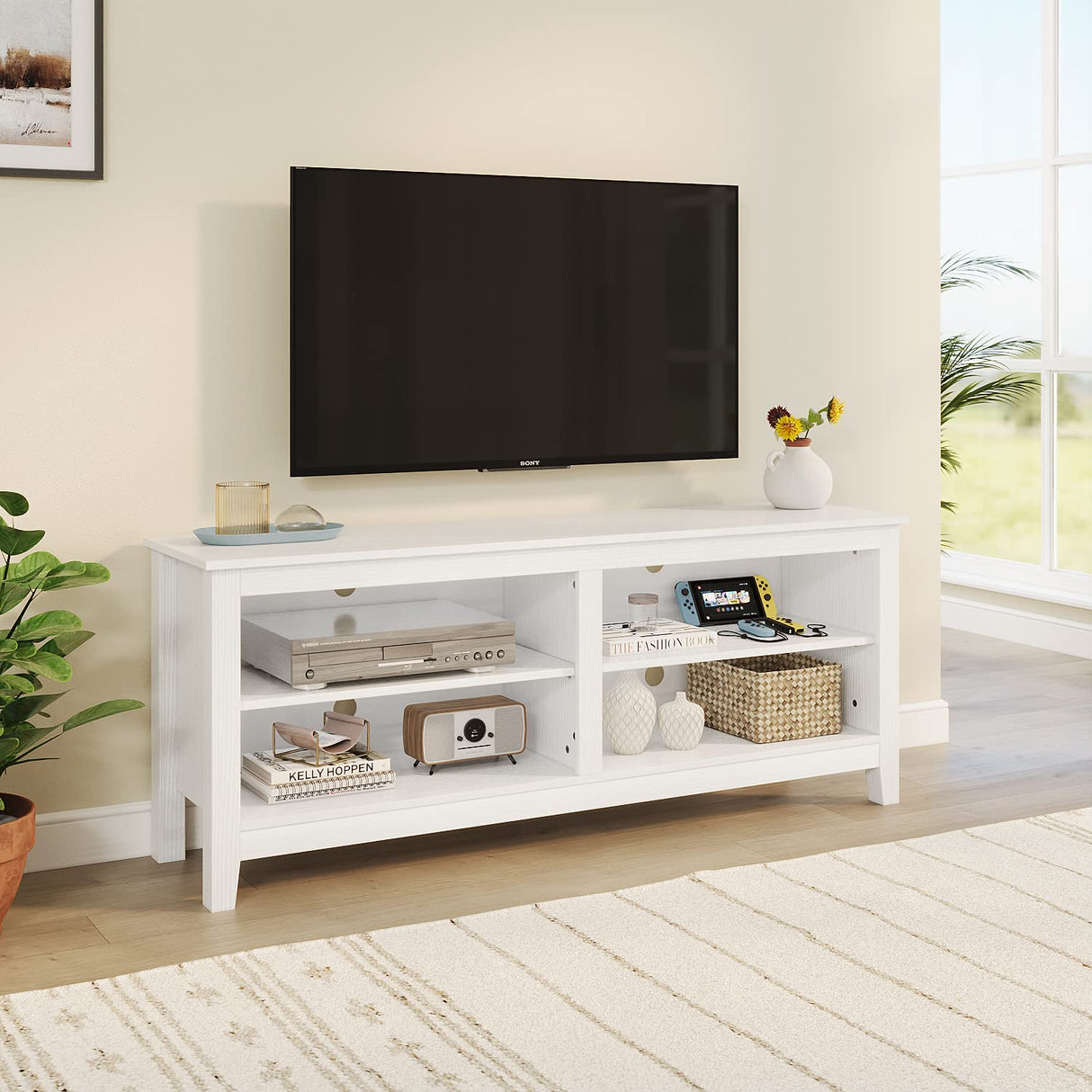 Panana TV Stand, Classic 4 Cubby TV Stand for 60 inch TV, Entertainment Center Media Television Stand for Living Room Bedroom (White, 55 inch) Panana