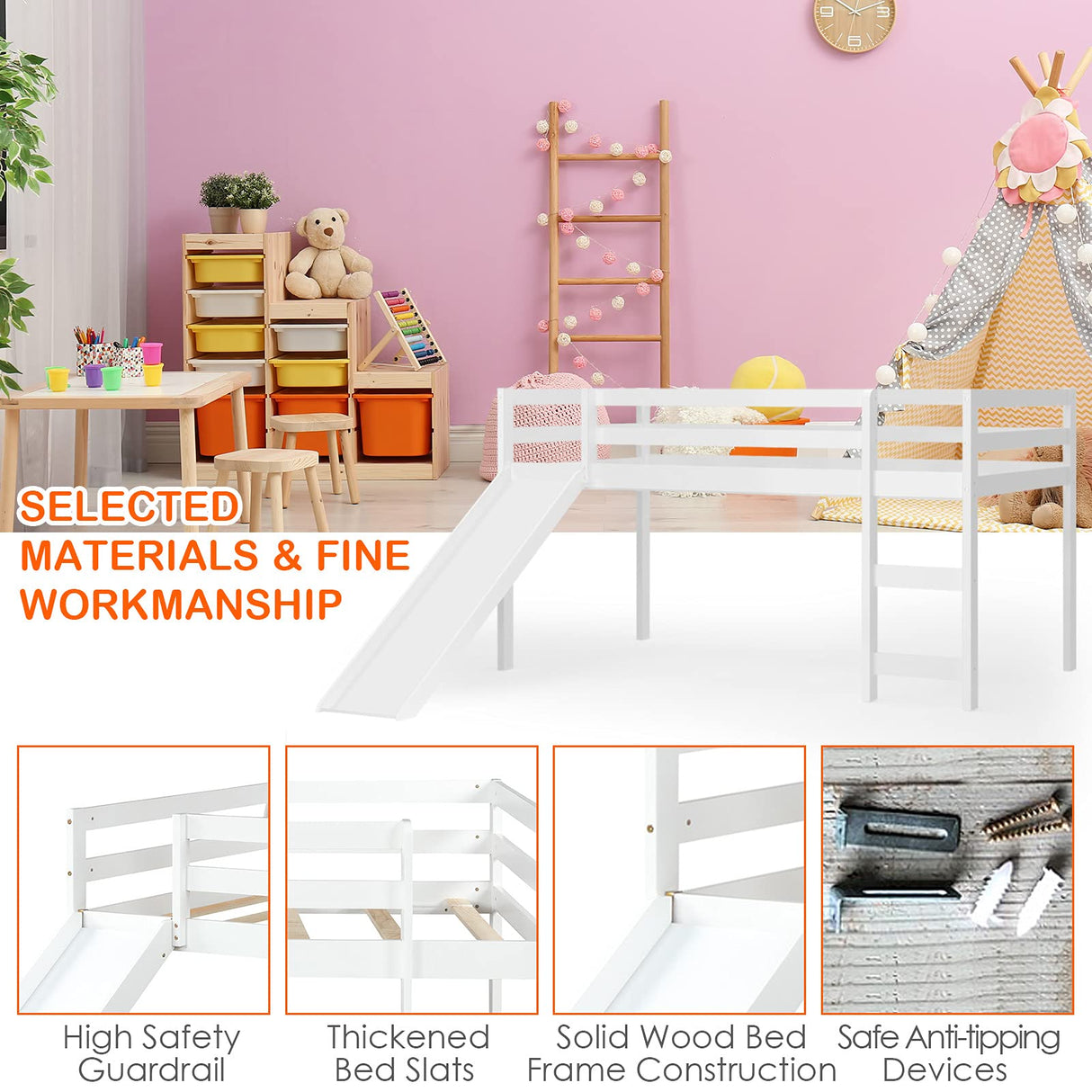 KOTEK Twin Loft Bed with Slide, Kids Low Loft Bed with Ladder & Slide, Wooden Single Bed Loft Bed w/Slats & Safety Guard Rail for Children (White) KOTEK