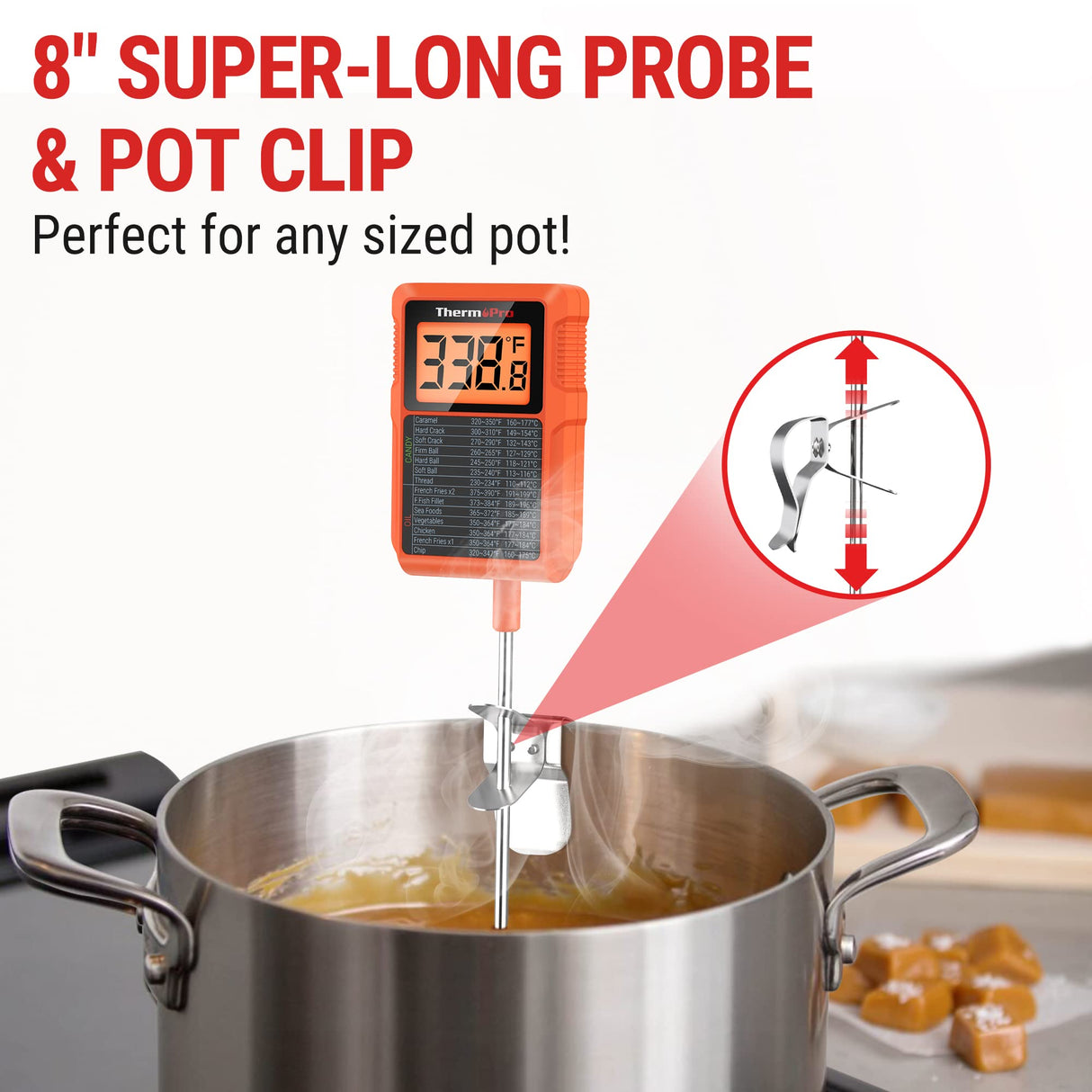 ThermoPro TP510 Waterproof Digital Candy Thermometer with Pot Clip, 8" Long Probe Instant Read Food Cooking Meat Thermometer for Grilling Smoker BBQ Deep Fry Oil Thermometer ThermoPro