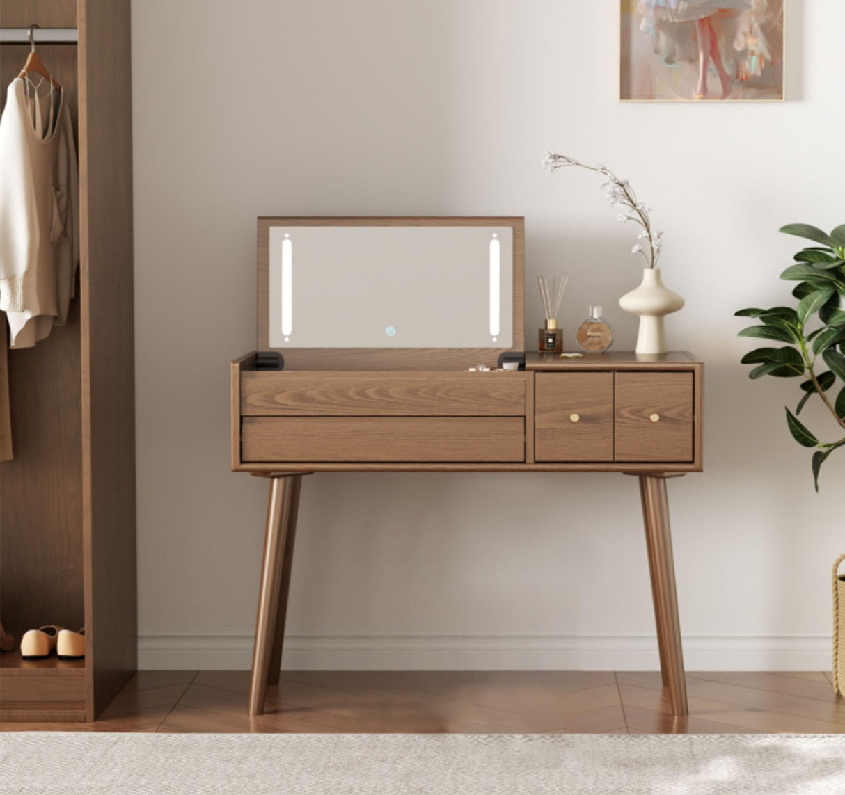 KungFuWood Makeup Vanity Desk with 3 Lighting Modes, Solid Wood Vanity Desk with Mirror Dressing Table Set 4 Drawers,Space-Saving Vanity for bedrooms(walunt) KungFuWood