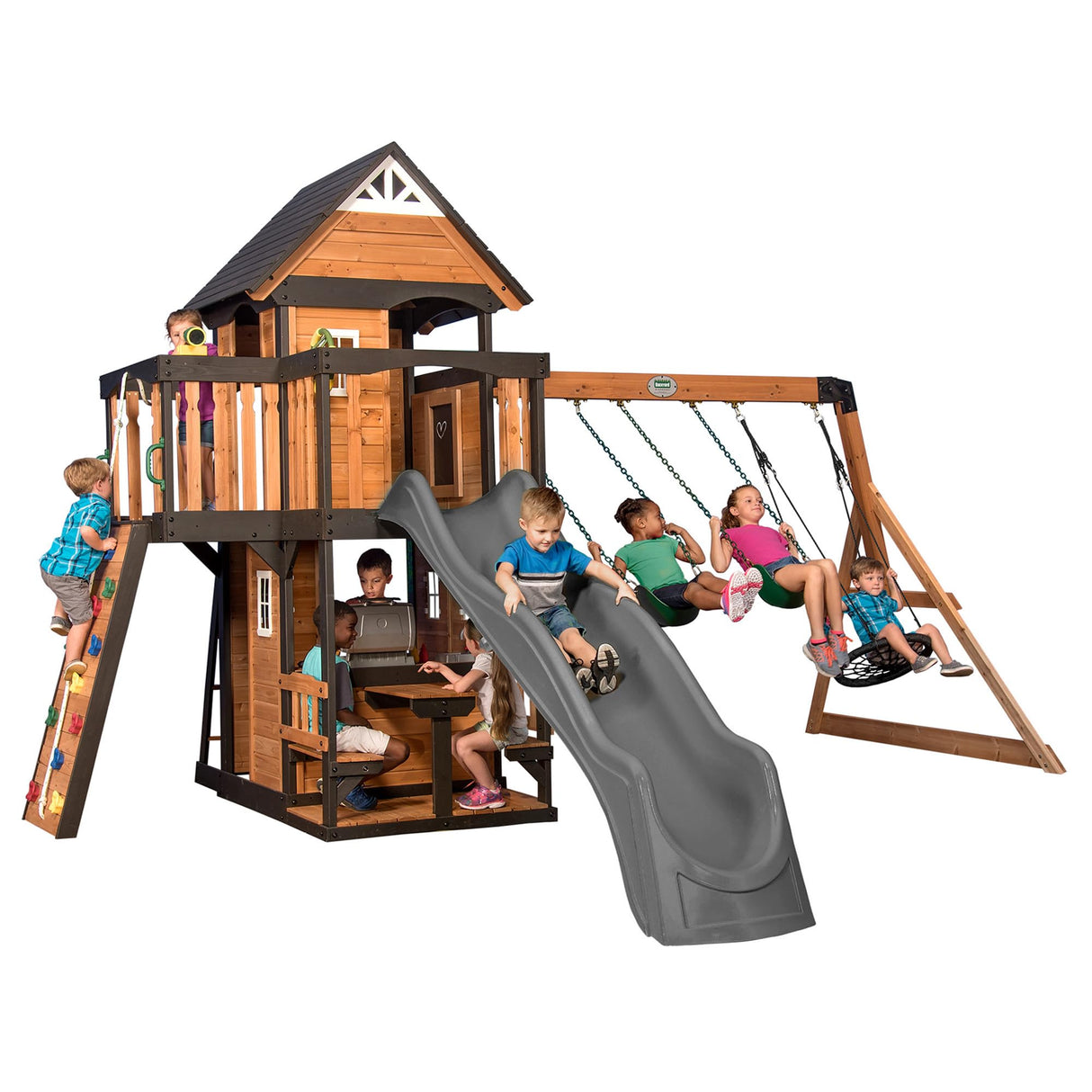 Backyard Discovery Canyon Creek All Cedar Wood Swing Set w/Grey Wave Slide, Playhouse w/Grill, Plastic Food, Picnic Area, Steering Wheel, Two Belt Swings, Rock Climbing Wall, Balcony, Deck, Web Swing Backyard Discovery